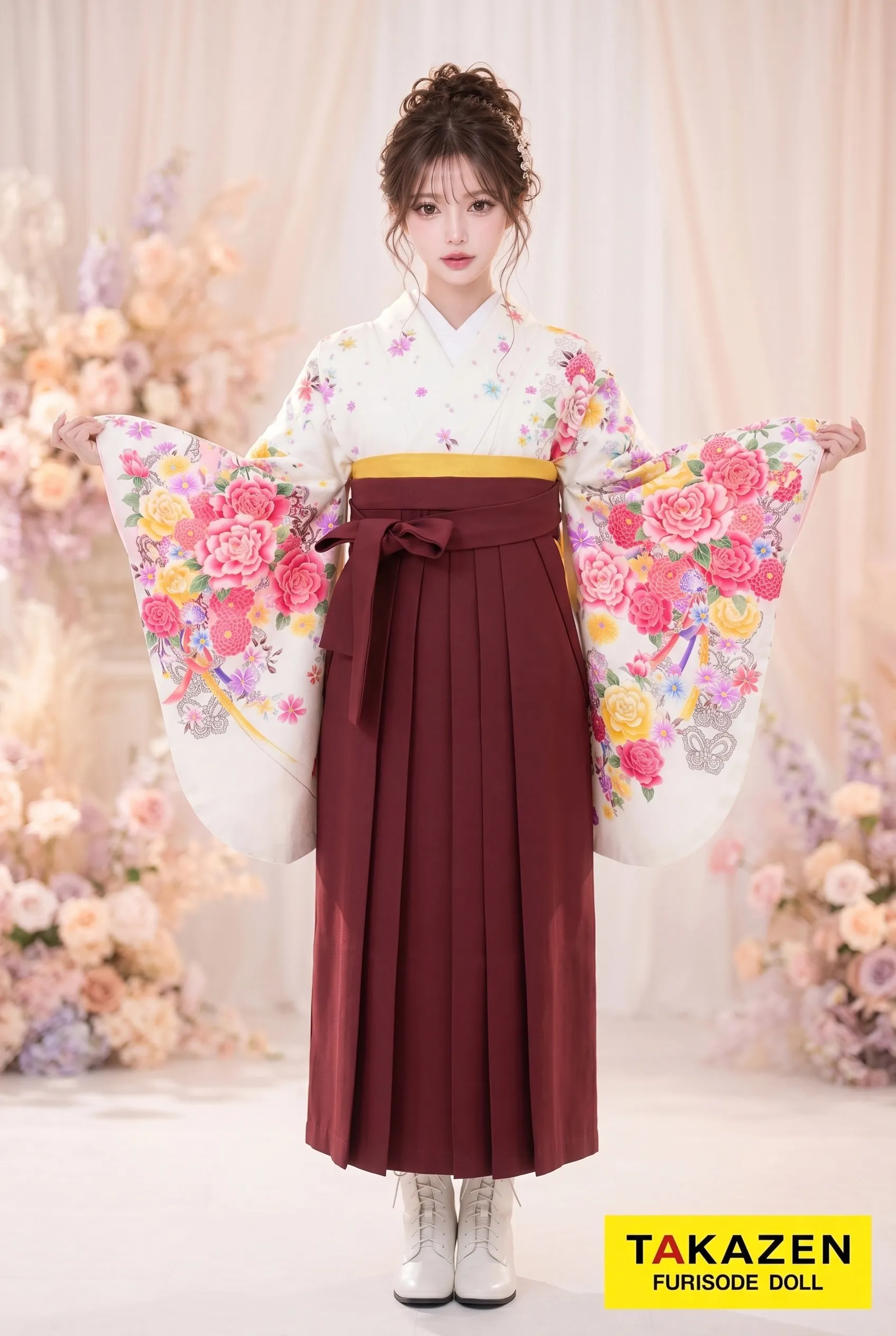 安いキュート系袴　白/白ベース　花柄/柄小さめ　華やか　白ピンク　ガーリー系袴ネットレンタル　小学生卒業式袴　安い　Y15