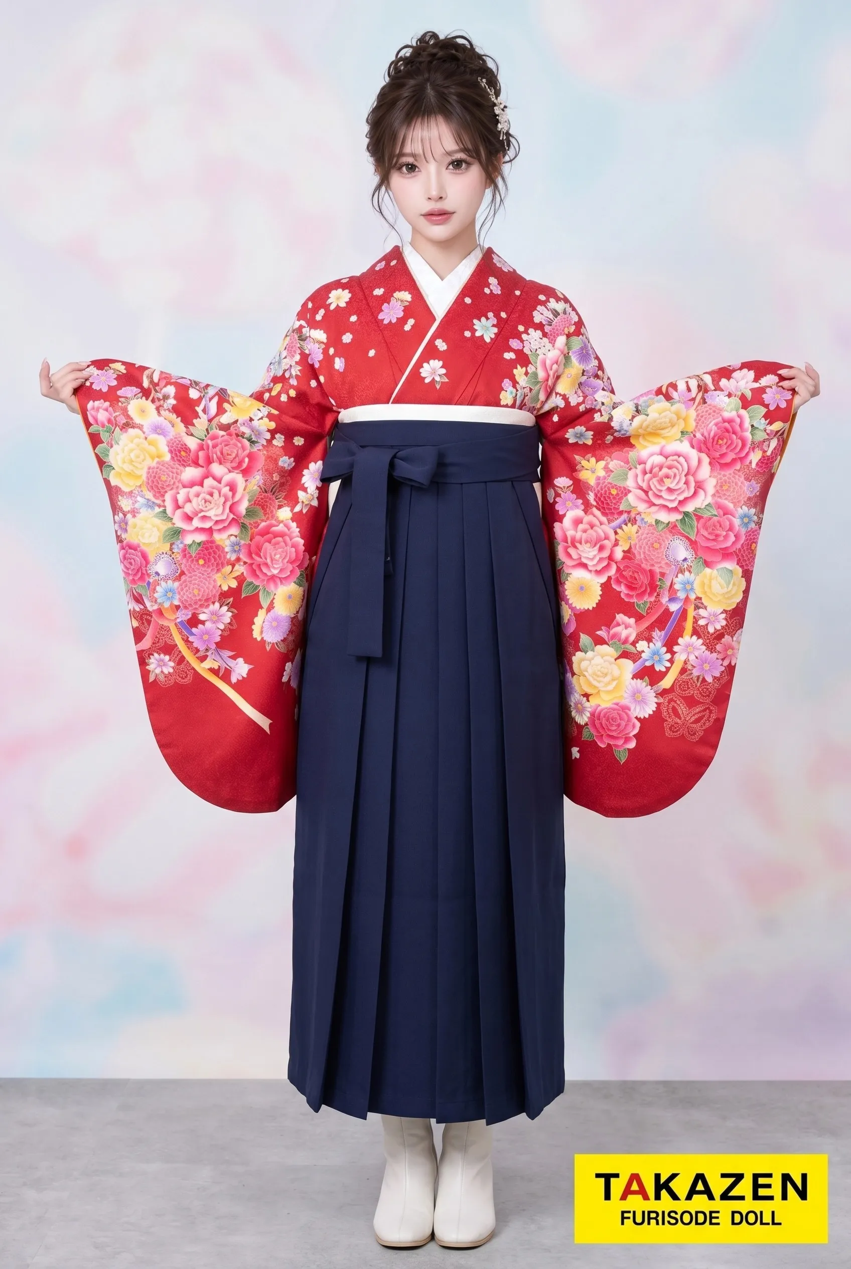 格安ガーリー系袴　ショッキングピンク　ボタン柄/花柄　可愛い　キュート　量産型　目立つ　女の子らしい　安い袴ネットレンタル　Y16