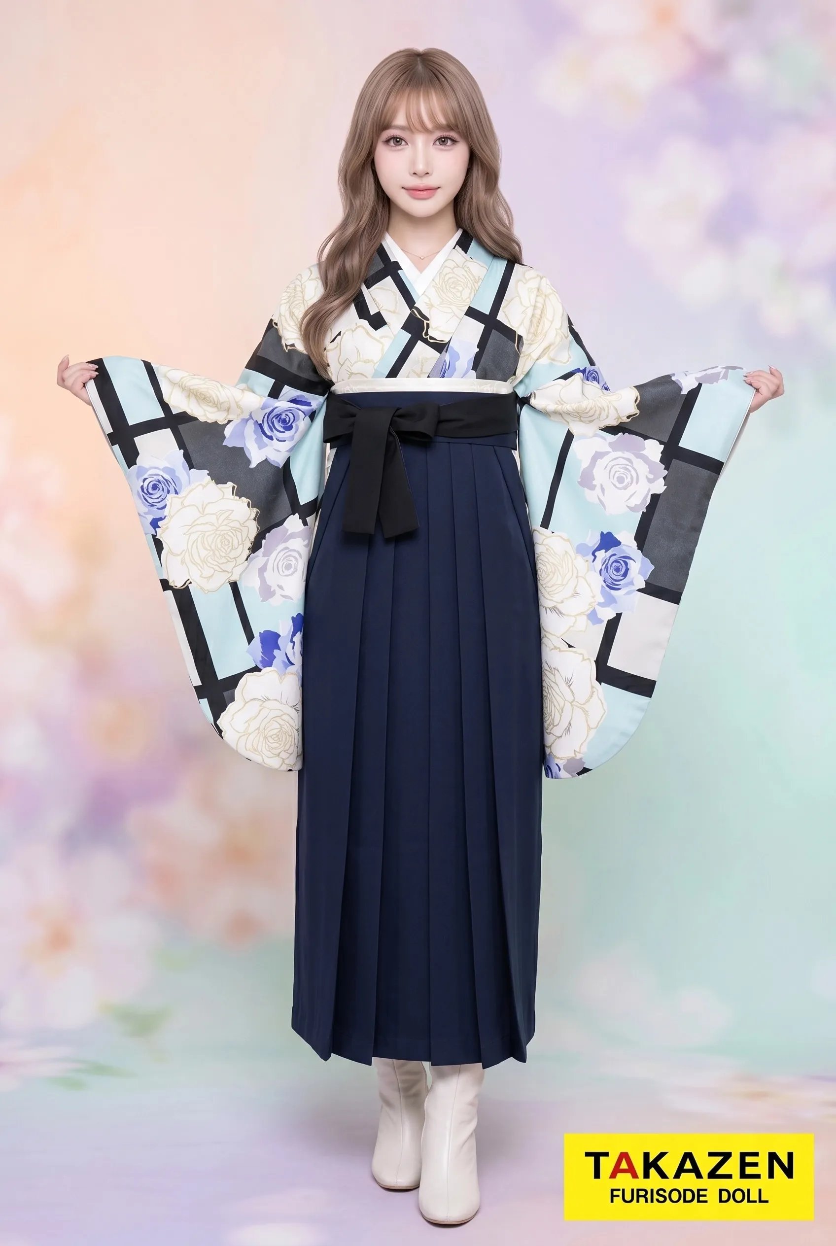 安いキュート＆ガーリー袴　水色　バラ柄　可愛い　　セシルマクビー　安い袴ネットレンタル　Y20