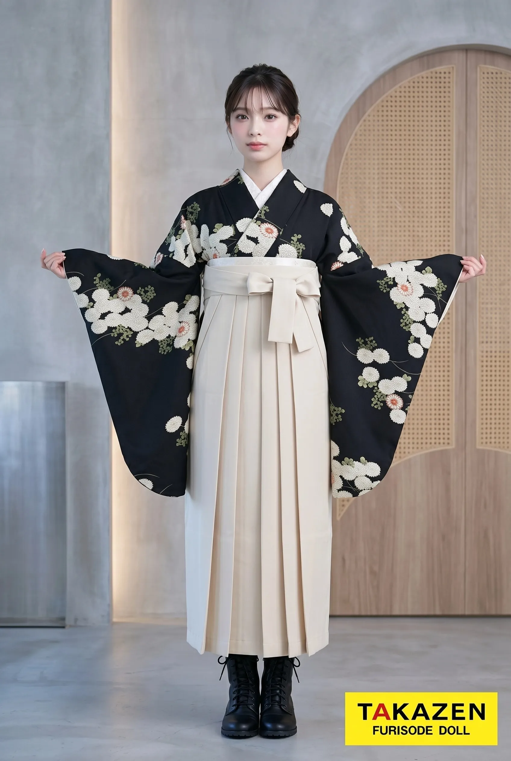 格安古典柄袴　黒　小花柄　シンプル　大人っぽい　おしゃれ　安い袴ネットレンタル　Y26