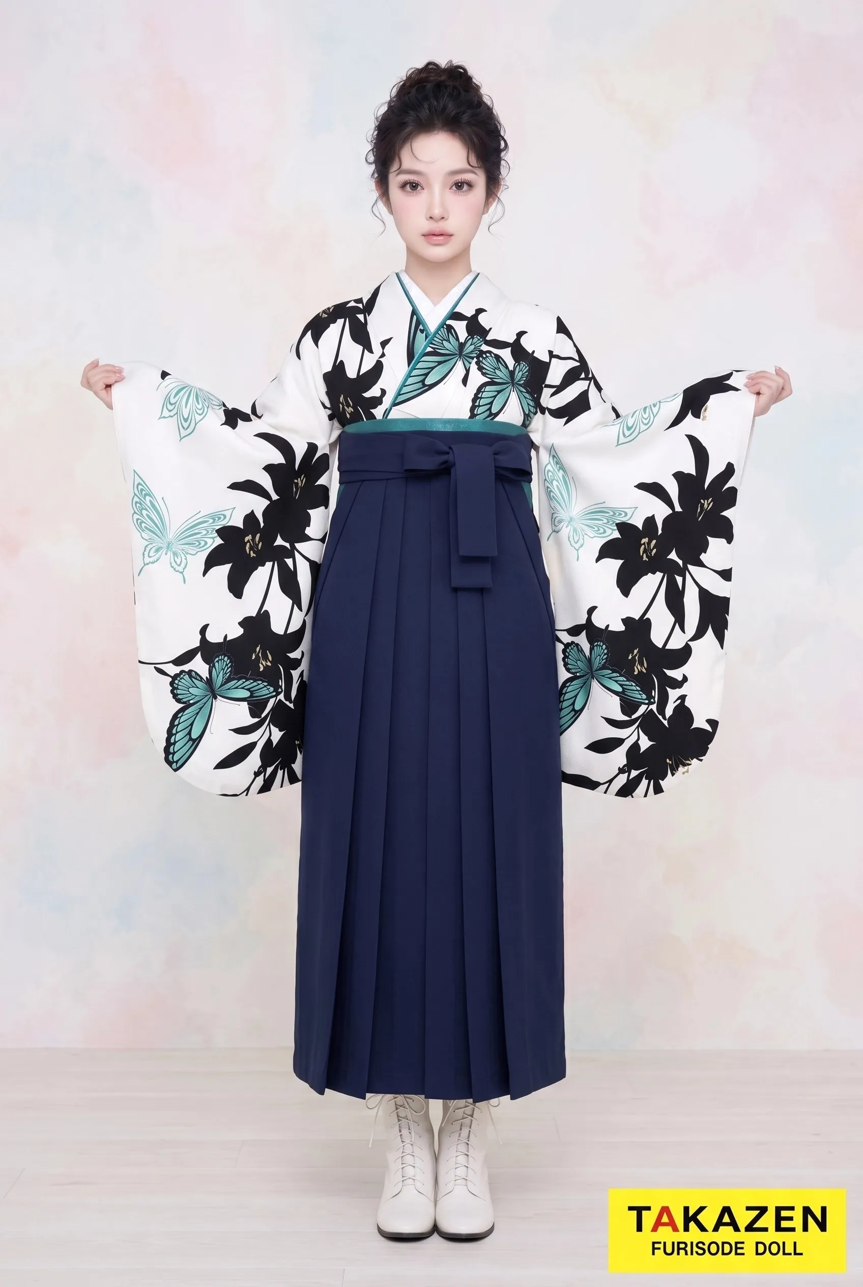 安いモード系袴　白　ユリ柄　オシャレ　かっこいい　シンプルな着こなし　安い袴ネットレンタル　Y29