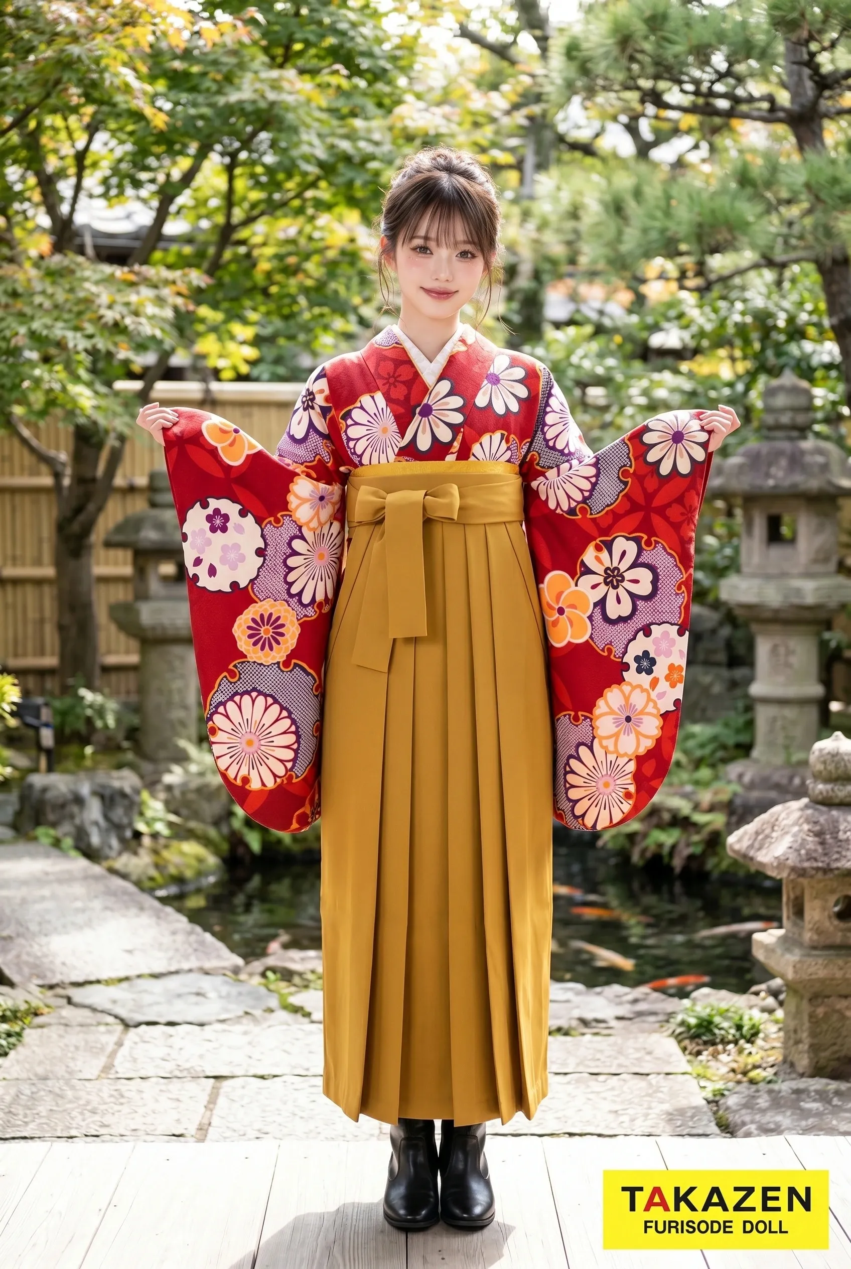 安いレトロ古典袴　赤　花柄　かわいい　上品　モダン　かぶらない　安い袴ネットレンタル　Y31