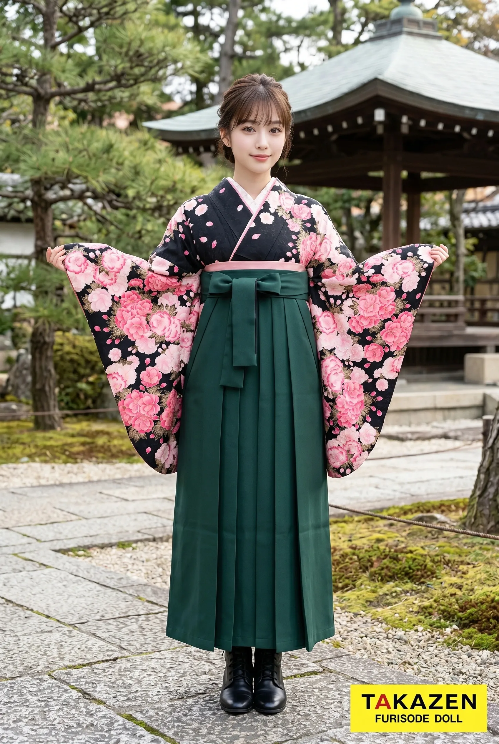 安いキュート袴　黒/ピンク　バラ柄　柄小さめ　かわいい　ギャル　目立つ　派手　安い袴ネットレンタル　Y34