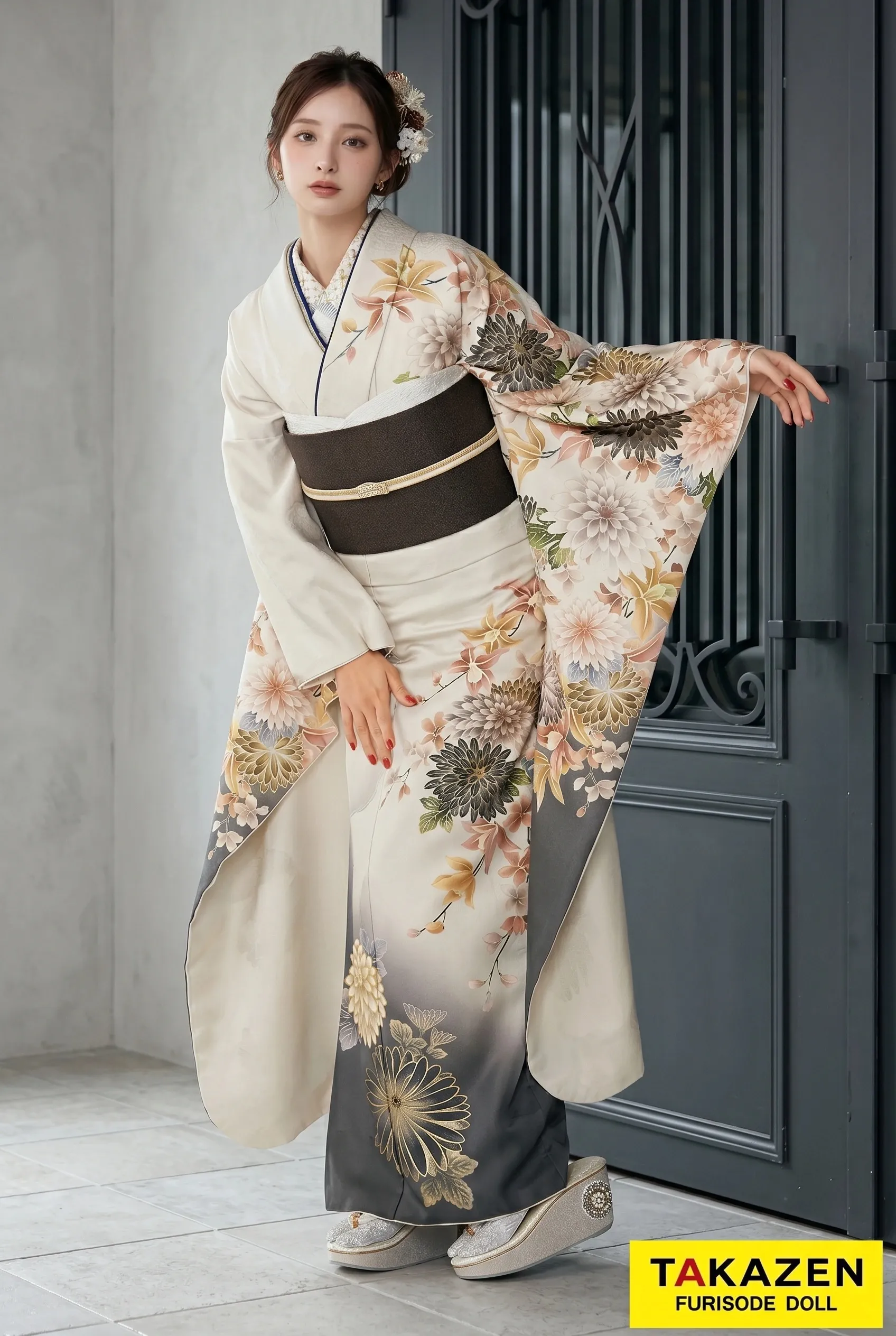 淡い色ヴィンテージ　白/グレー　和柄/グラデーション　大人っぽい　粋古典振袖　かっこいい　シンプル　弓ライカ　24034