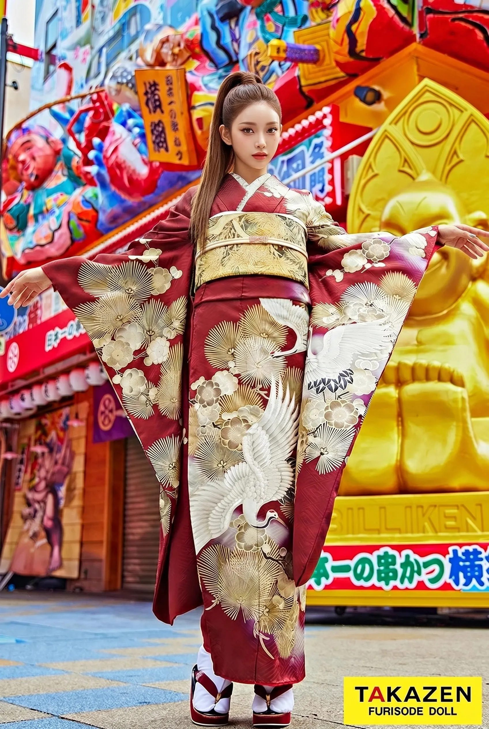 ヴィンテージスタイル　エンジ/金　鶴柄/針松　かっこいい　ストリート調　大人っぽい　弓ライカ　25029
