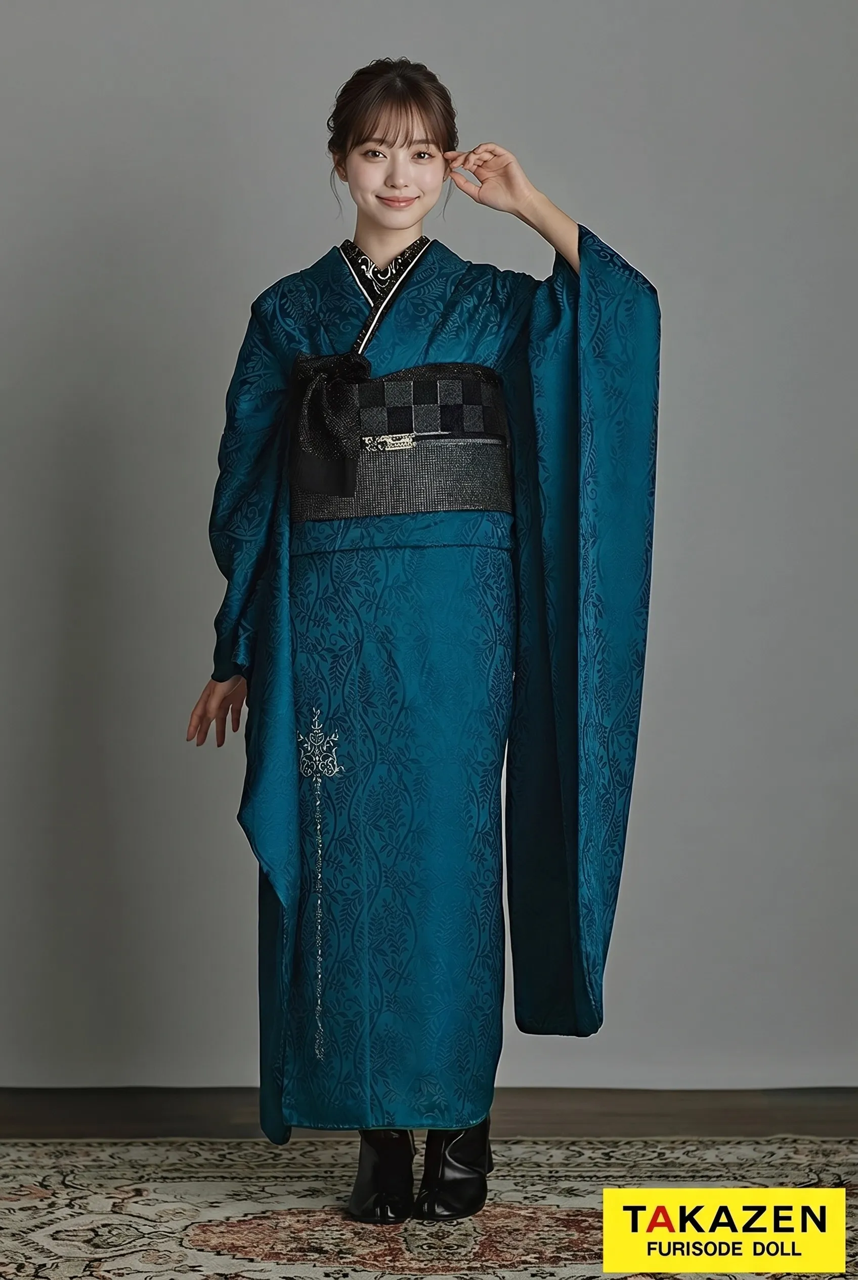 ヴィンテージスタイル　ターコイズブルー/青　柄すくなめ/ワンポイント刺繍　シンプル　大人っぽい　ブーツスタイル　新野尾七奈　25032