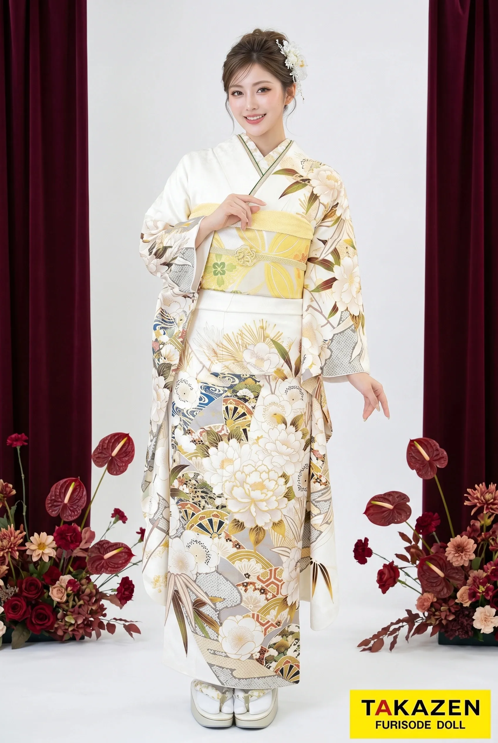 【本日限定20%OFF】振袖フルセット 白 ゴールド 粋古典 白/金/ゴールド 牡丹柄/大柄 シック 大人っぽい振袖ネット