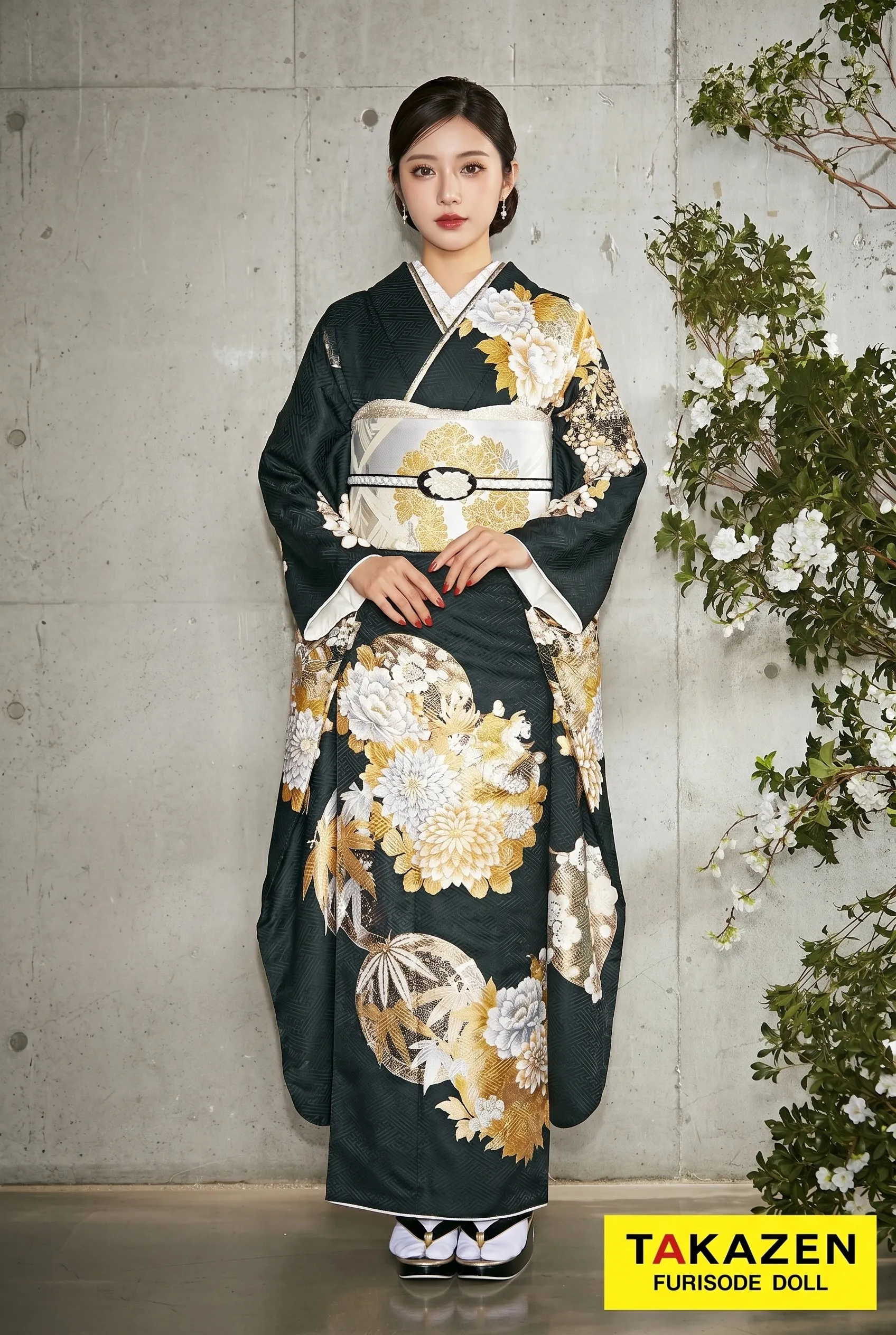 A 振袖　袷　正絹　黒地　お姫様　御所車　菊　菖蒲　着物　和装　和物　成人式 粋古典 黒地/金/ゴールド 菊柄 かっこいい 渋い シンプル振袖ネット