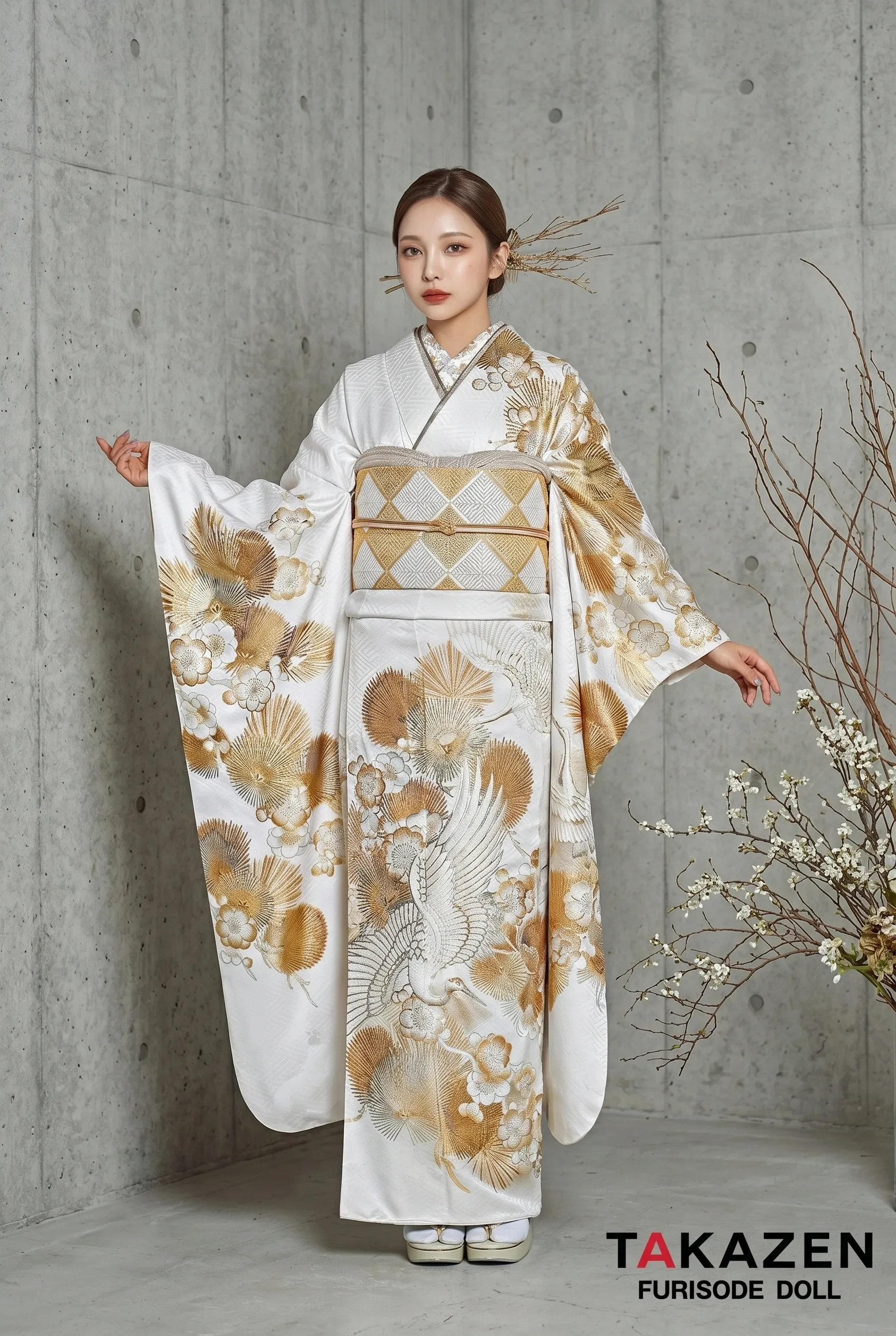 粋古典　白/金/ゴールド　鶴柄/針松　シック　かっこいい　大人っぽい　金彩京友禅振袖ネットレンタル　弓ライカ　25073