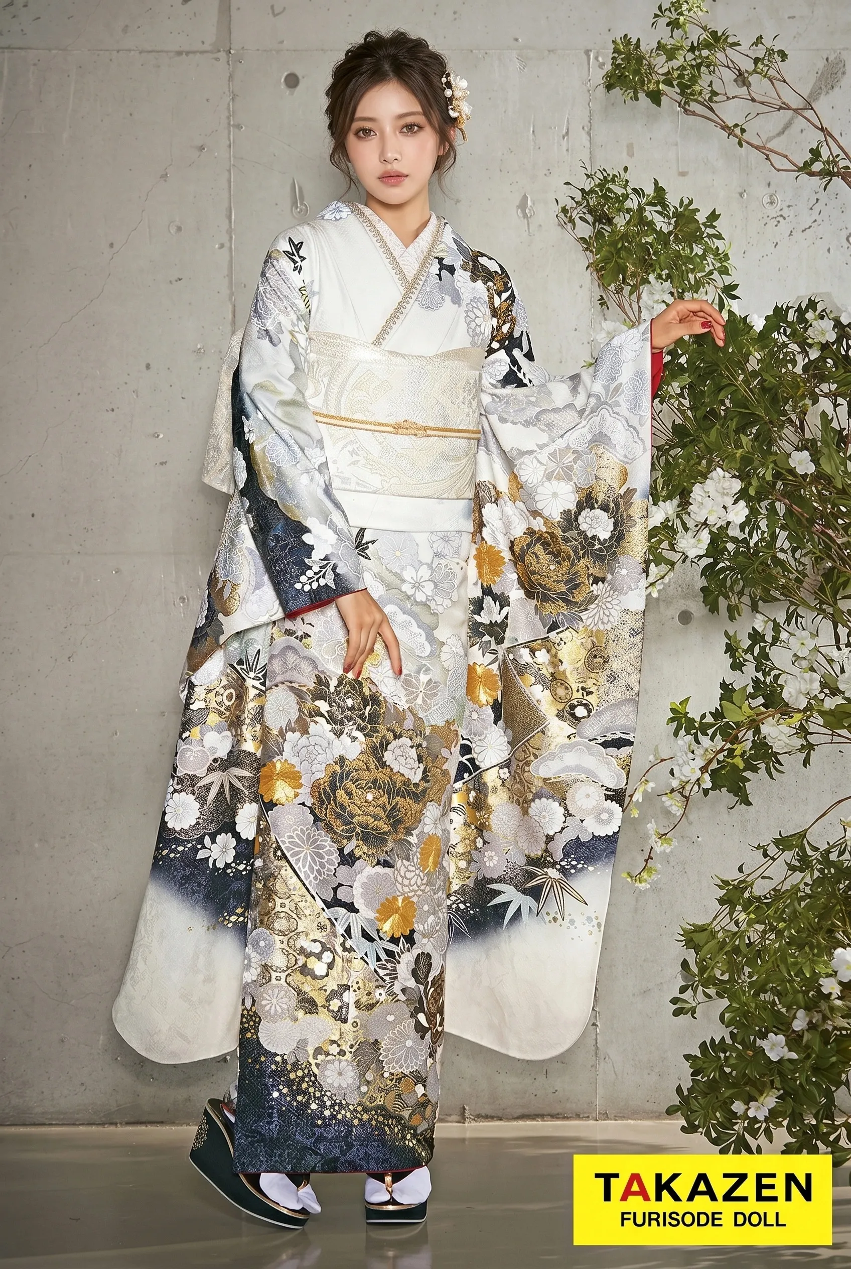 粋古典　白/グレー/金　牡丹柄　シック　白地　渋い振袖　大人っぽい　花魁風　かっこいい　煌びやか　新野尾七奈　31121