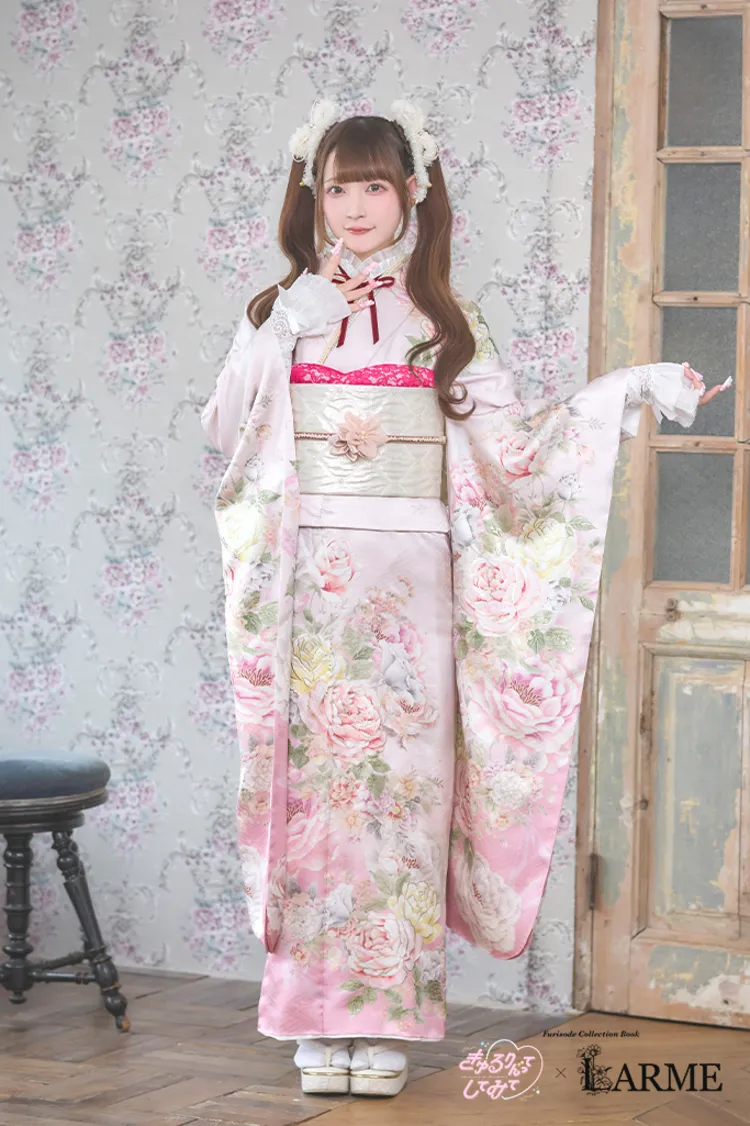 きゅるりんってしてみて×LARME振袖ネットレンタル　ピンク　ローズ　地雷系振袖　ラブリー　ロリータ振袖　キュート　K1346