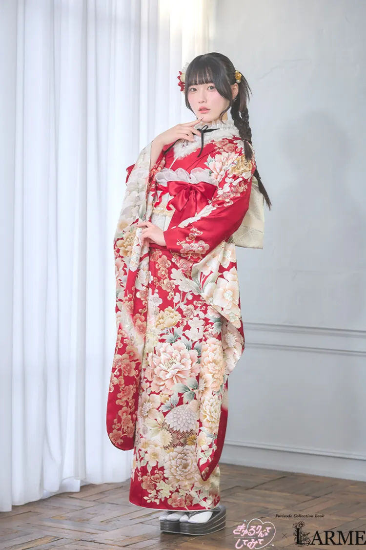 きゅるりんってしてみて×LARME振袖ネットレンタル　赤　花柄　ガーリー　量産型　姫系　かわいい　K1348