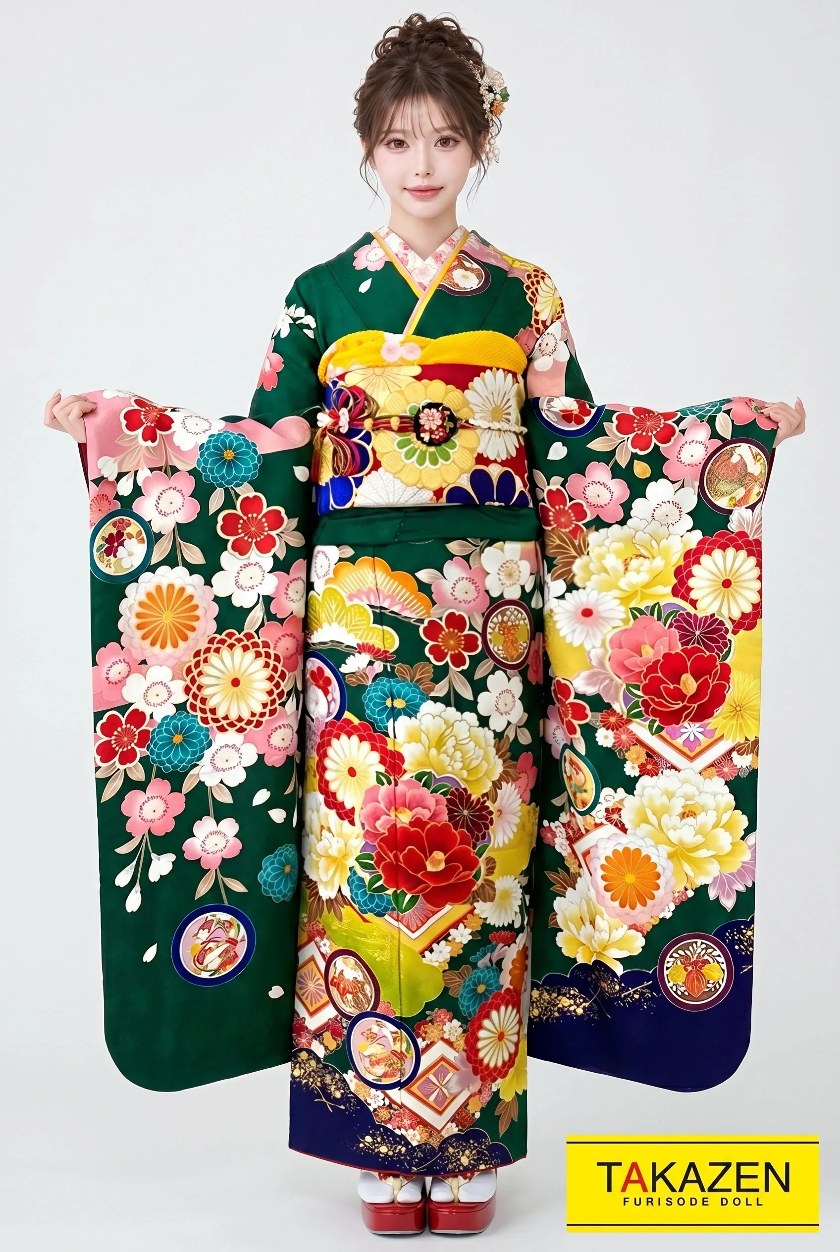 正統派古典　黄/赤/グリーン(緑色)　椿柄　華やか　かわいい古典振袖ネットレンタル　ポップ　　YK0161