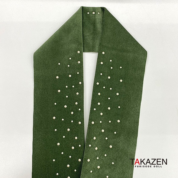 高級感あふれるおしゃれベロア素材半襟通販(パール付き)　グリーン(緑色)