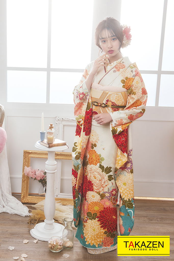 正統派古典 白/水色/赤色 牡丹柄 上品 華やか 清楚系古典振袖ネット