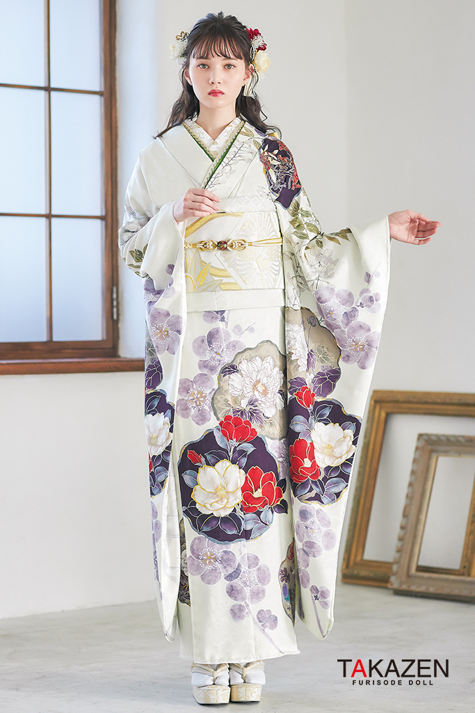 正統派古典　白/紫　牡丹柄/すっきり柄　個性派　　上品　シンプル古典振袖ネットレンタル　東京レトロ×マーシュ彩　K590