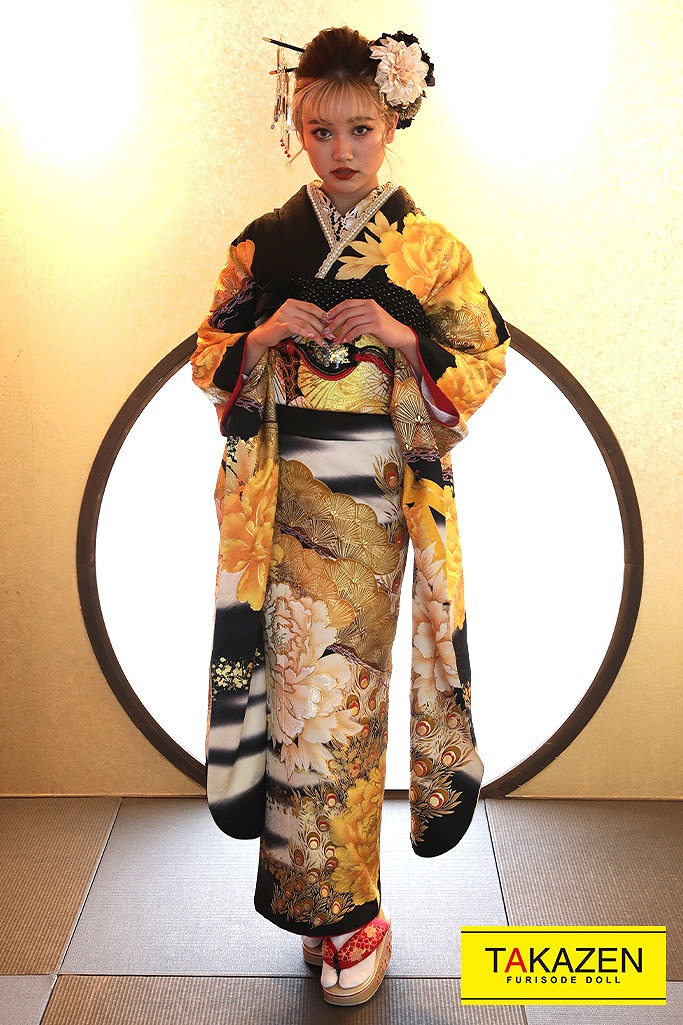 ジャパンモード 黒/黄 牡丹柄 花魁風 渋い 派手 かっこいい振袖ネット