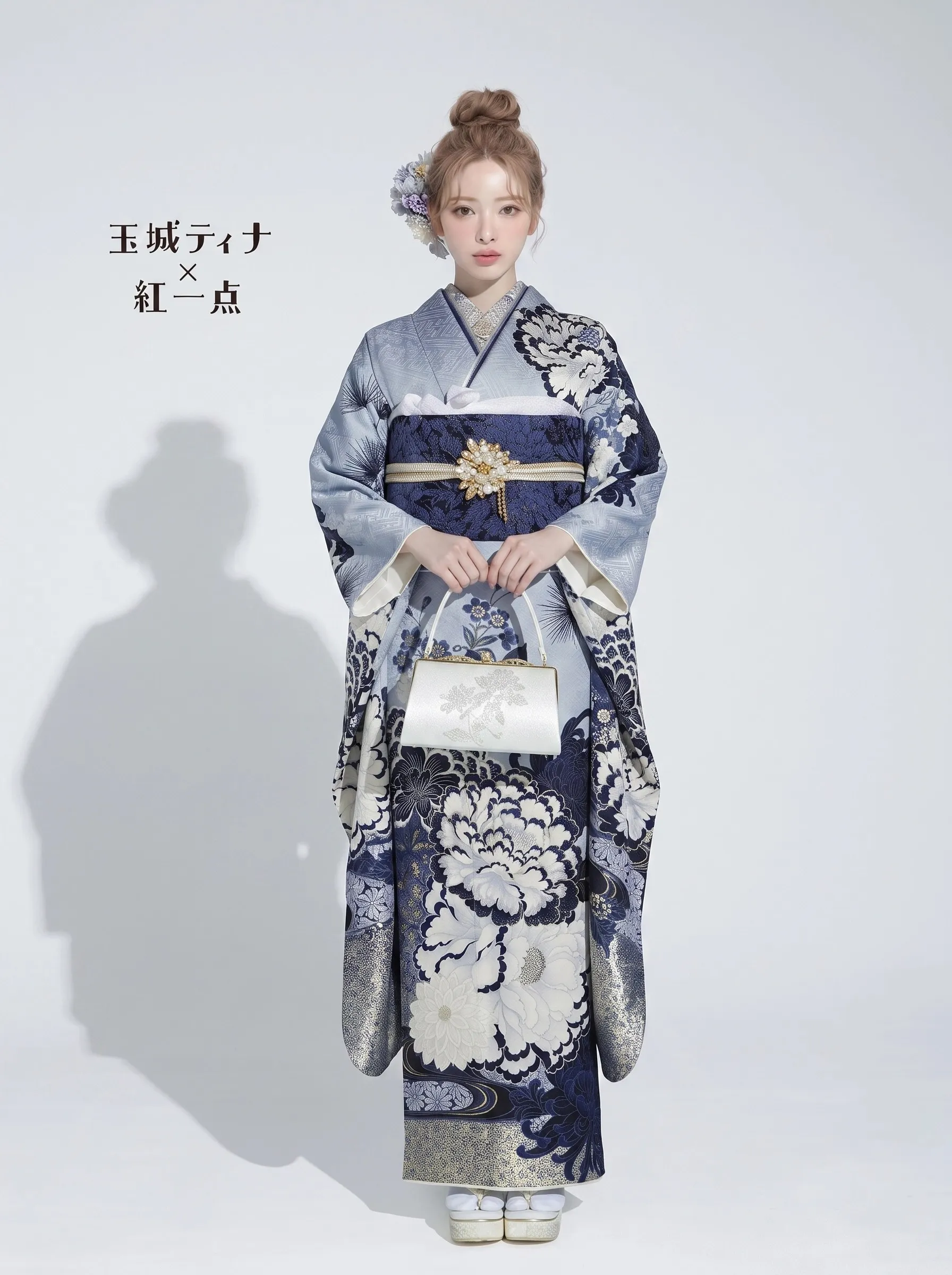 玉城ティナ×紅一点ブランド振袖ネットレンタル　くすみブルー/水色　牡丹柄/流水模様　上品　儚げ　清楚　大人っぽい　K1184