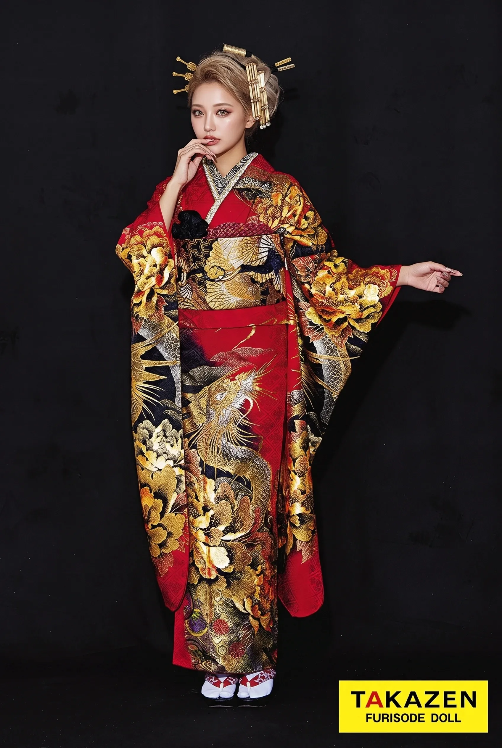 ジャパンモード　赤/黒/ゴールド(金色)　本家龍柄　派手　渋い振袖　かっこいい　ギャル　いかつい　スワロフスキー付き　中村りおん　21046