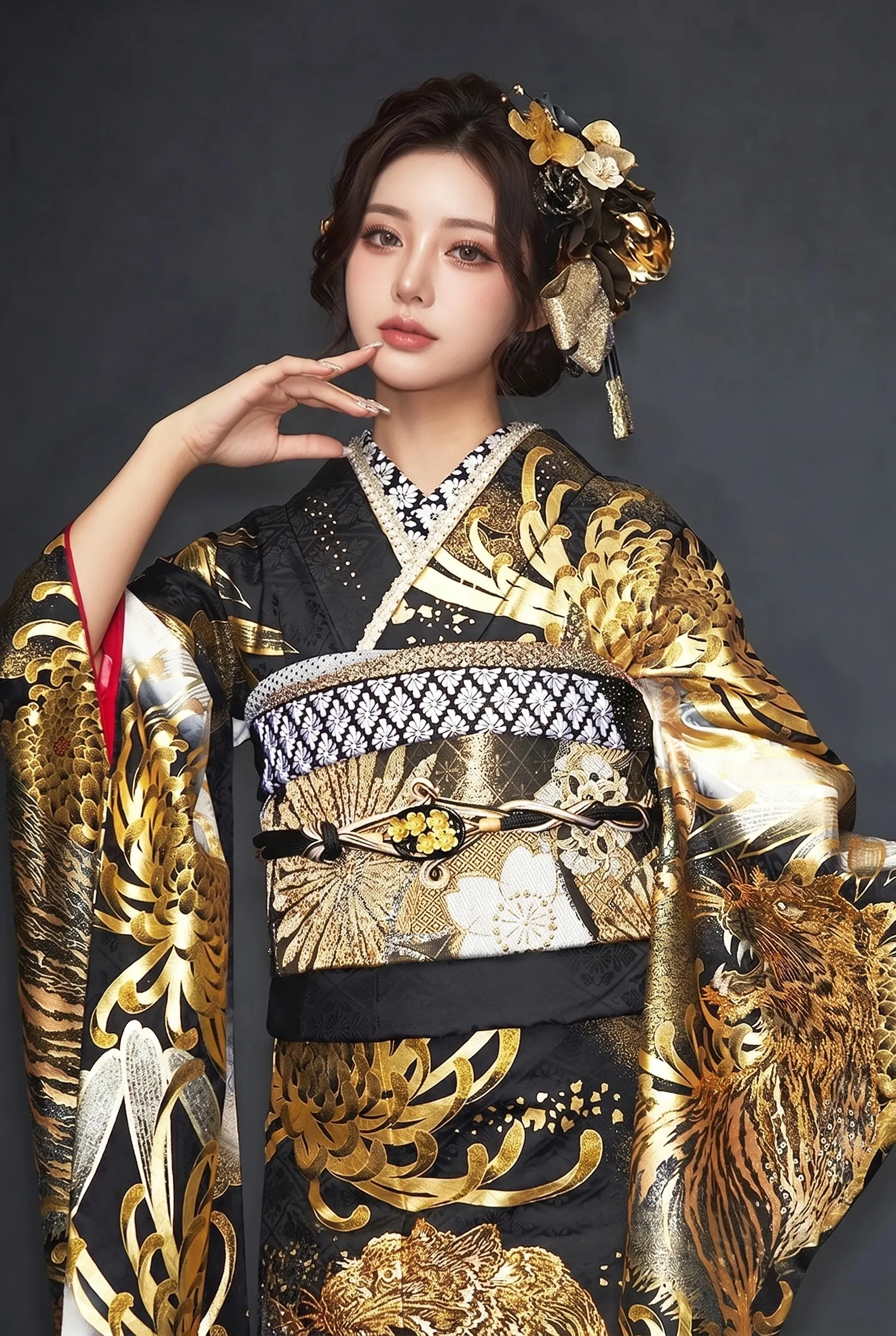 ジャパンモード　黒/ゴールド(金色)　本家虎柄　絶対目立つ　渋い　ド派手　インパクト抜群　被らない　ギャル振袖　22045
