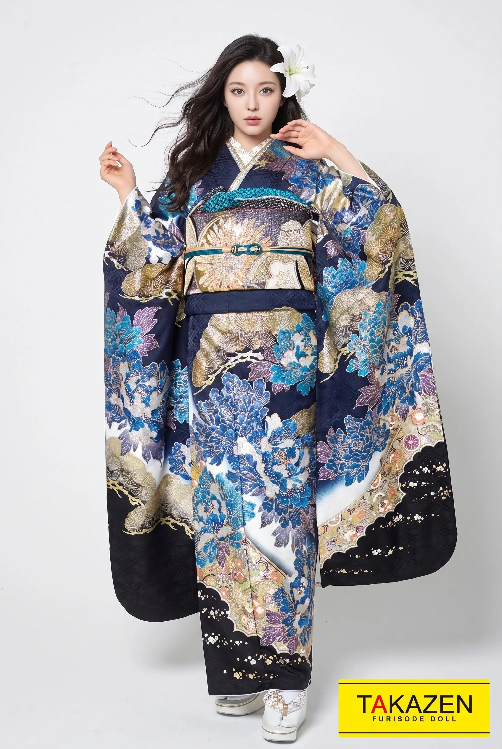 ジャパンモード ブルー(青色)/ゴールド(金色) 花魁風 渋い レディース