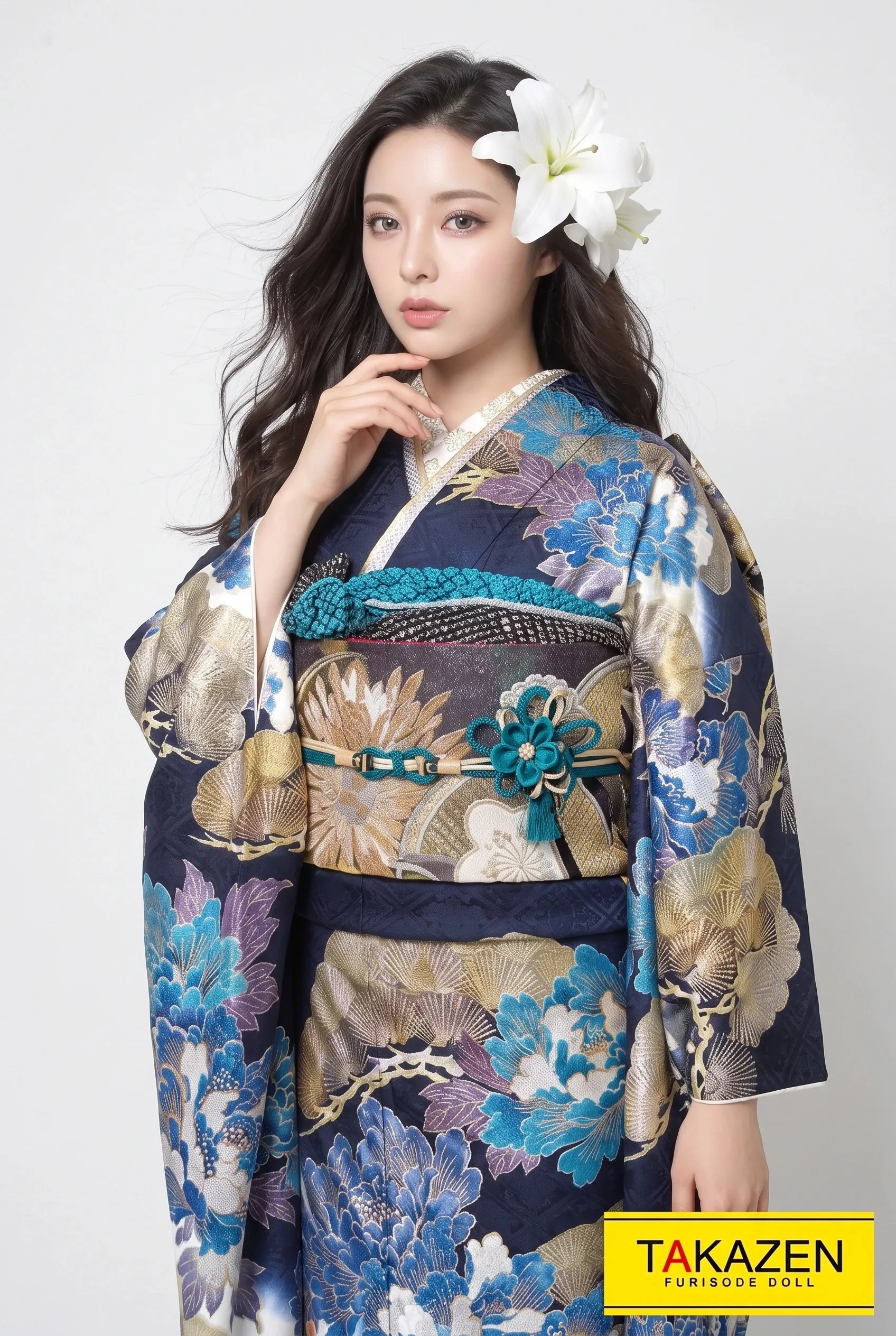 ジャパンモード　ブルー(青色)/ゴールド(金色)　花魁風　渋い　レディース　派手振袖ネットレンタル　目立つ　22046