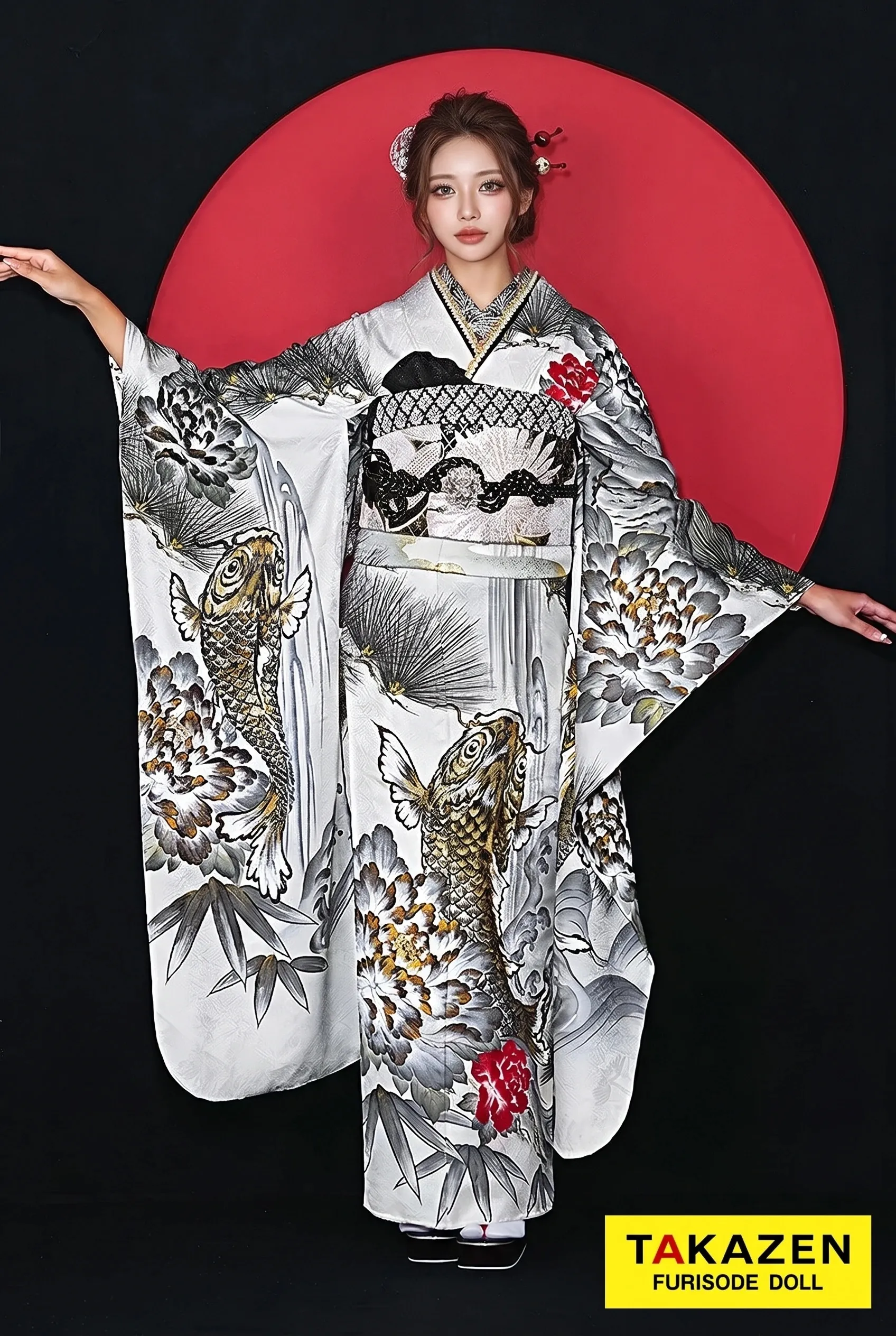 高級ジャパンモード　白/黒/金箔　鯉柄/水墨画　渋い　人と被らない振袖　クール　いかつい　大人っぽい振袖　中村りおん　25086