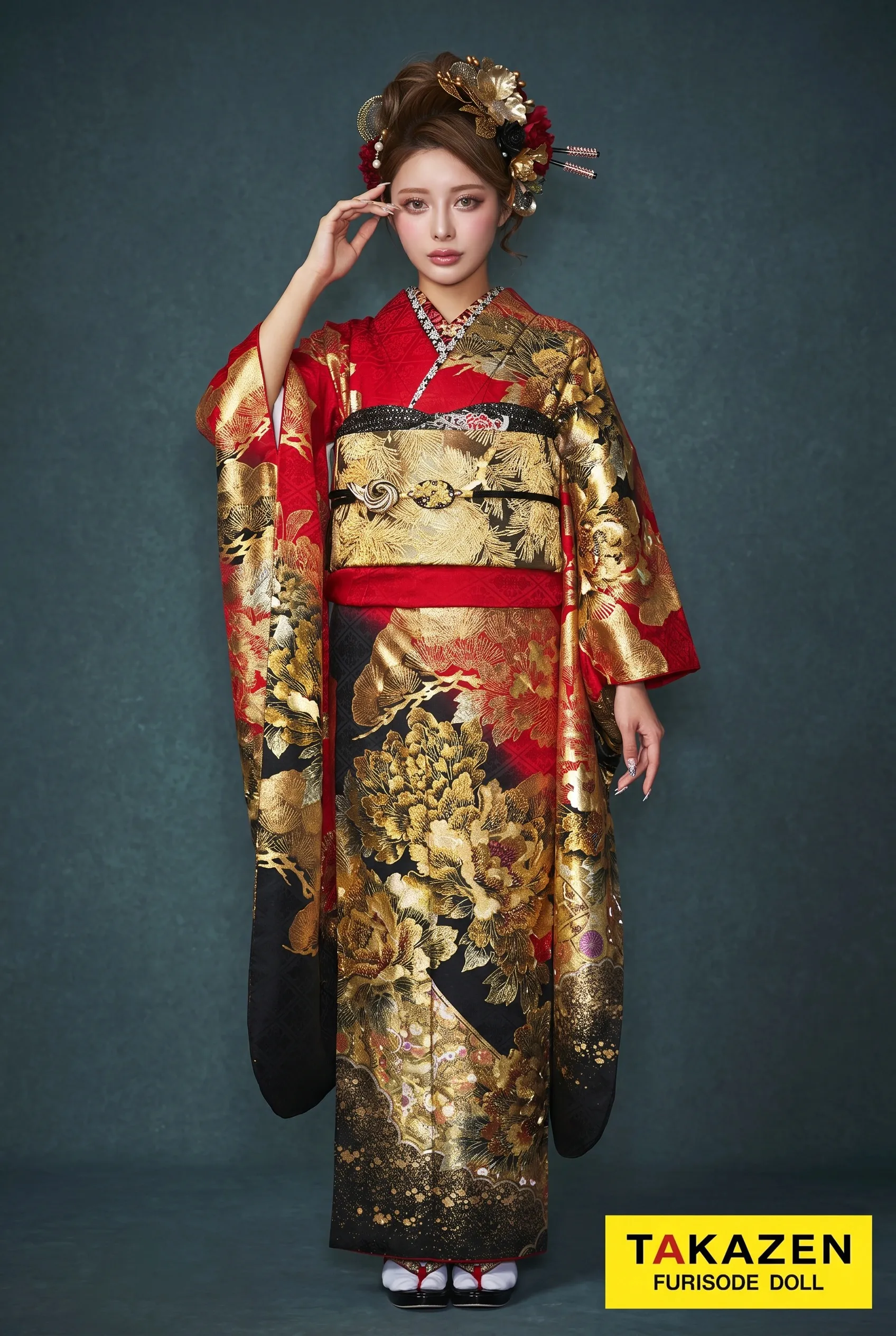 ジャパンモード　赤/黒/金/ゴールド　牡丹柄　花魁風　渋い　派手かっこいい　ギャル振袖　一番目立つ　スワロフスキー付き　極妻風振袖　中村りおん 32140