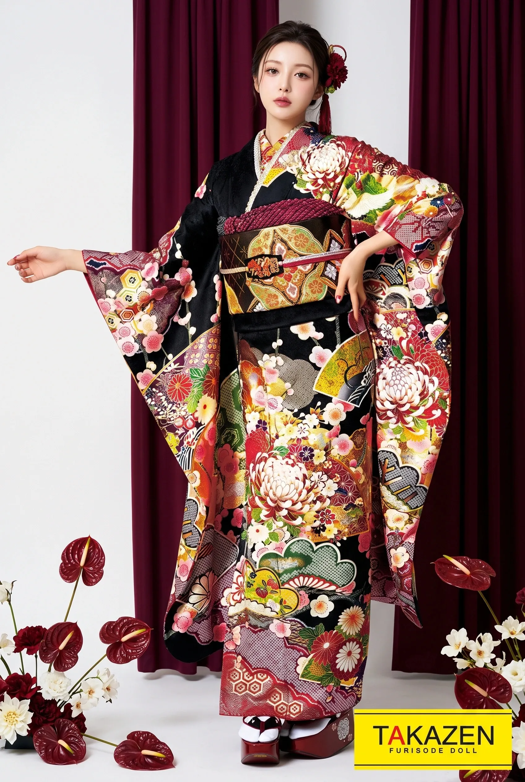 ジャパンモード　白/黒/ゴールド(金色)　乱菊柄　渋い　豪華　花魁風振袖ネットレンタル　華やか　32145