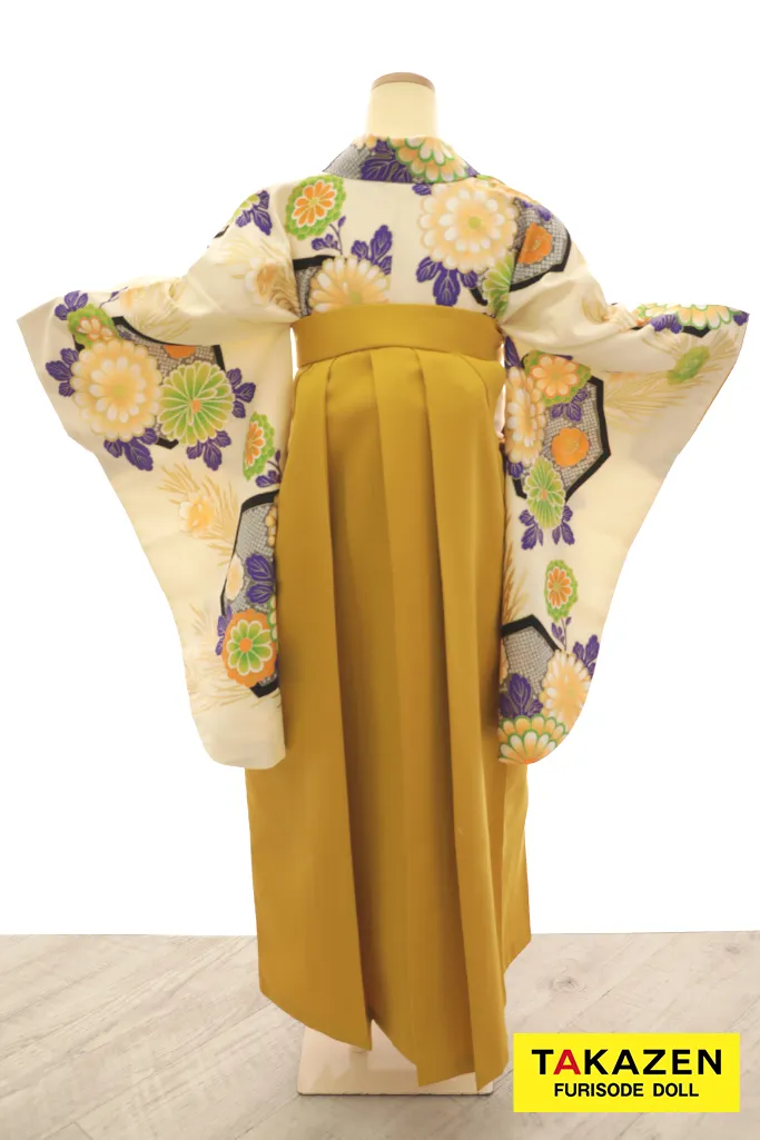 安いレトロ古典袴　アイボリー　和柄　可愛い　モダン　華やかなコーディネート　安い袴ネットレンタル　Y23