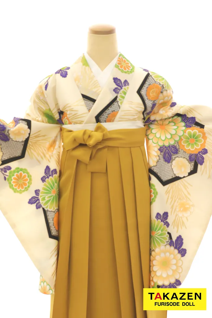 安いレトロ古典袴　アイボリー　和柄　可愛い　モダン　華やかなコーディネート　安い袴ネットレンタル　Y23