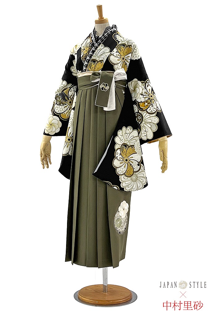 JAPAN STYLE×中村里砂ブランド袴ネットレンタル　黒　ねじり菊柄　和柄　モダン　統一感のある　大人っぽい　ヴィンテージスタイル　R25051