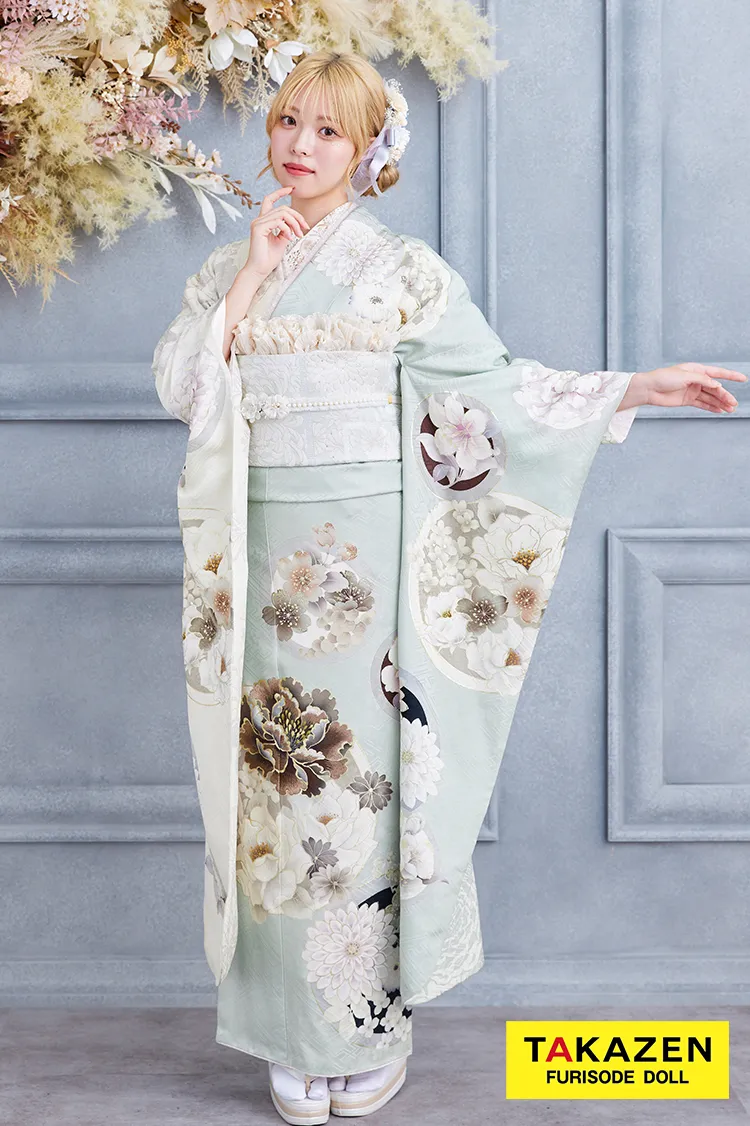 くすみカラー古典　ミントグリーン/淡色　牡丹柄　大人っぽい　淡い色　綺麗　清楚　玉城ティナ×紅一点振袖　24072