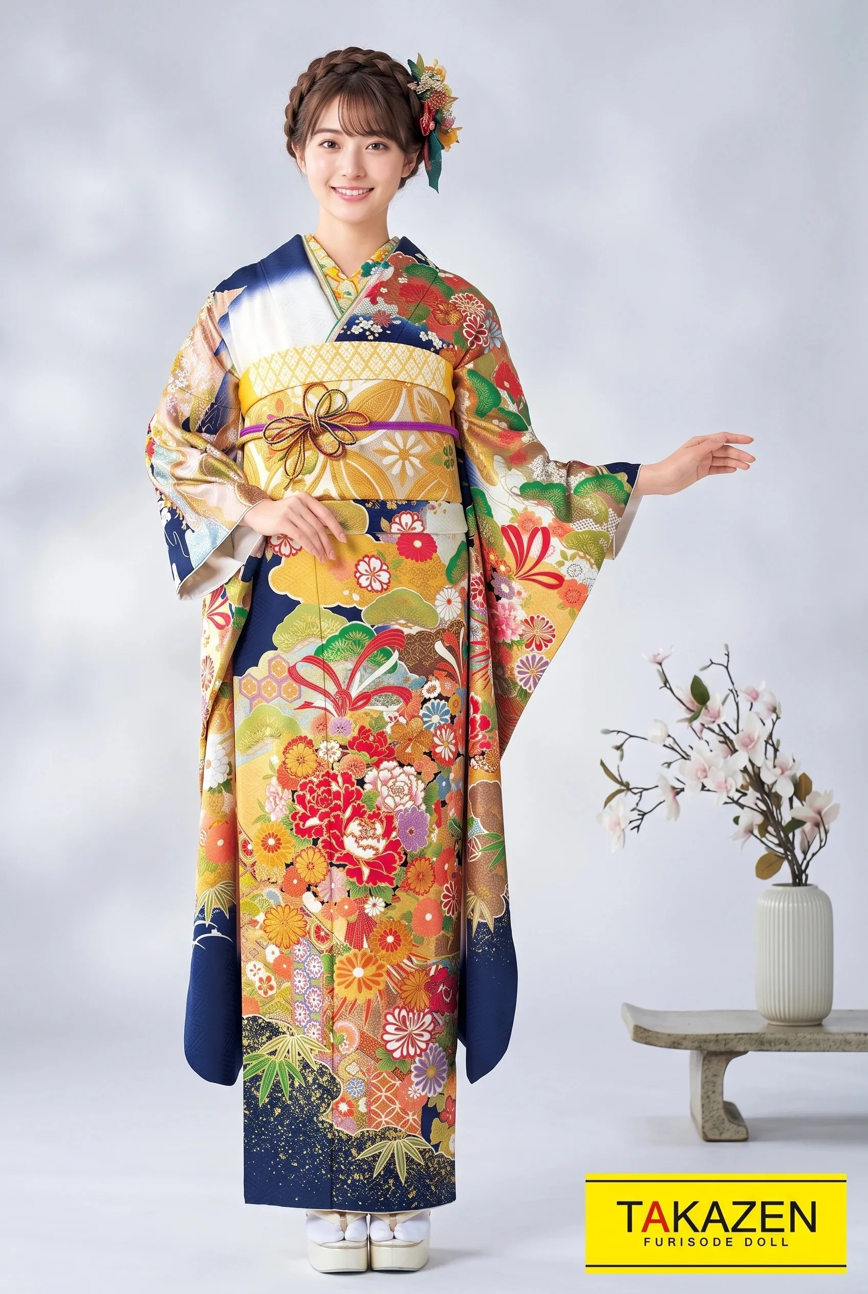 プレミアム古典　　白/青(ブルー)　牡丹柄　　金駒繍豪華　桂由美プレミアム振袖ネットレンタル　21034