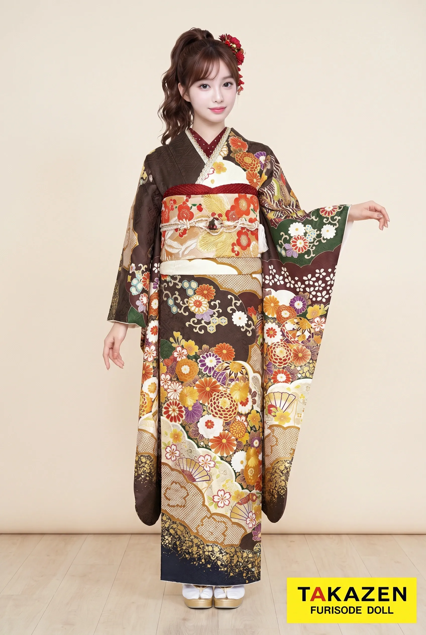 正統派古典　茶色/金/ゴールド　毬柄　オシャレ　トレンド振袖　大人っぽい　華やか　弓ライカ　22019