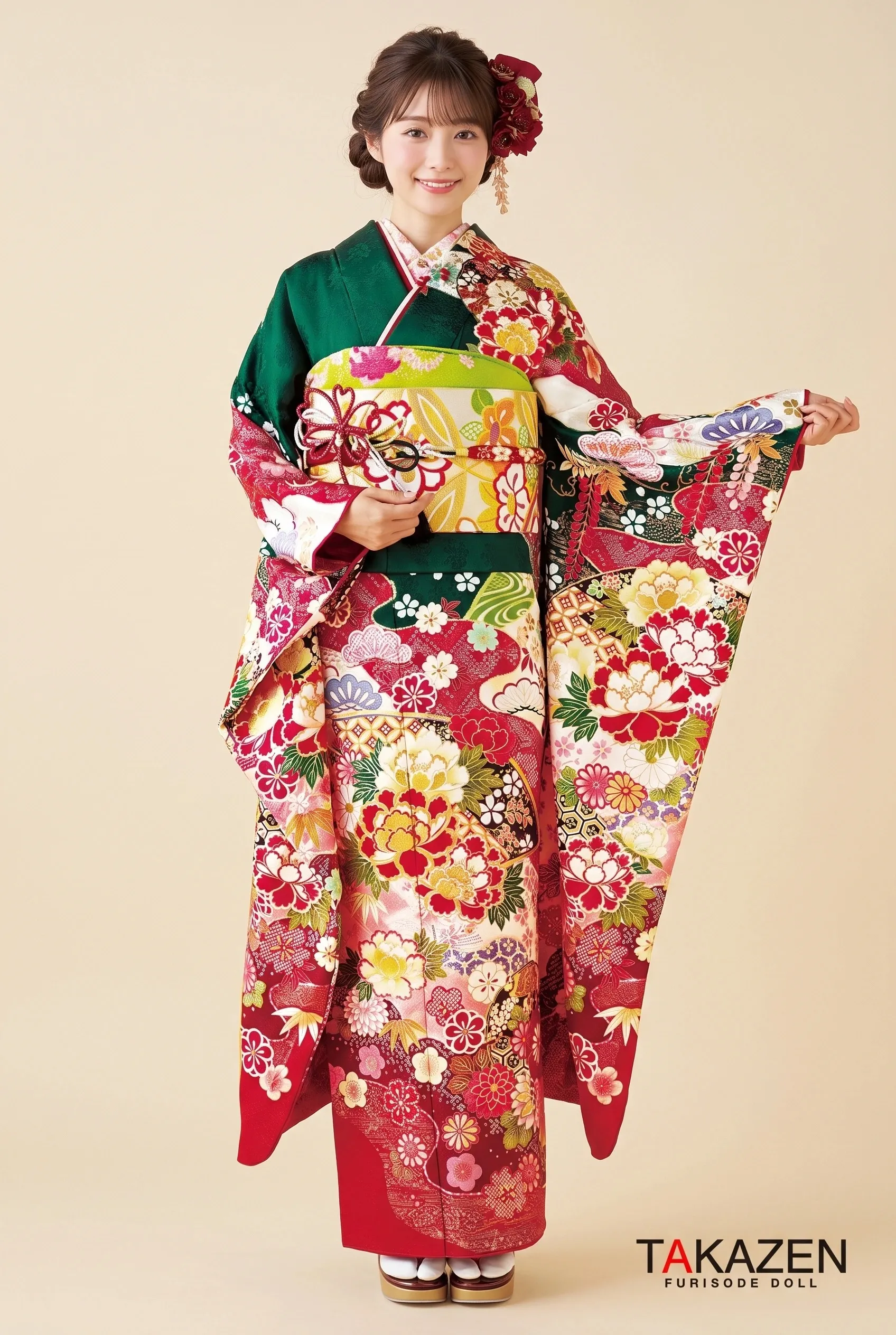 格安正統派古典　赤/グリーン(緑色)　牡丹柄　上品　大人かわいい　古典振袖ネットレンタル　華やか　32043