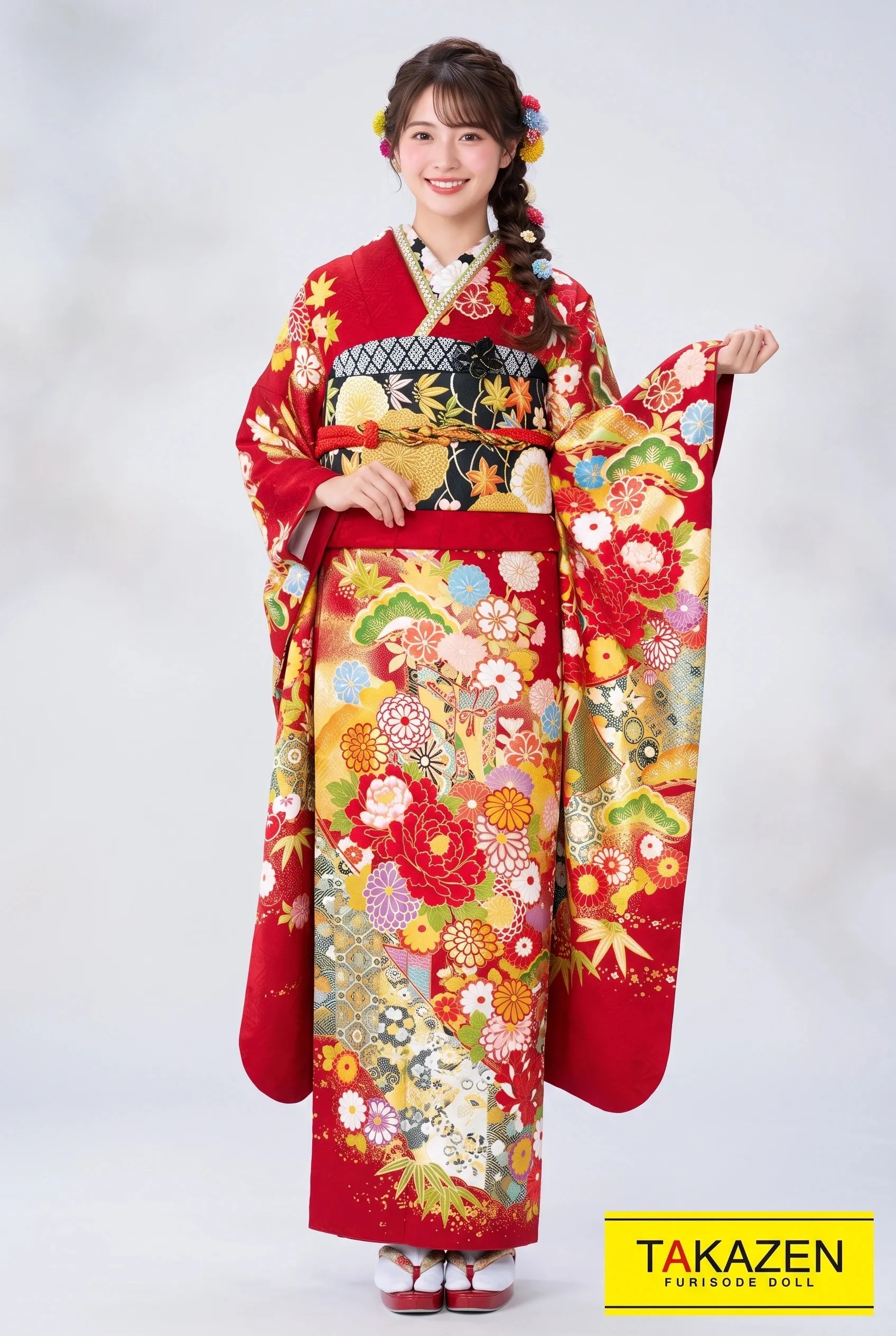 プレミアム古典　赤/ゴールド(金色)　御所車柄/高級柄　上品　大人っぽい　　桂由美プレミアム古典振袖ネットレンタル　32059