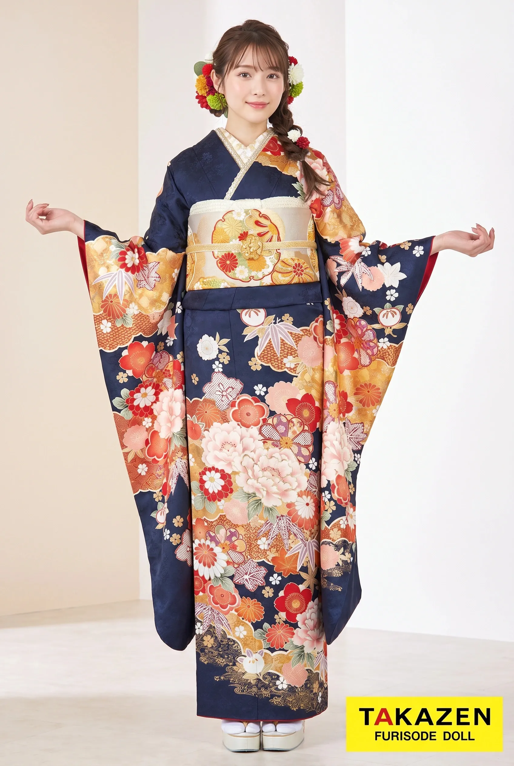 正統派古典　紺/ゴールド(金色)　牡丹柄　はんなり　上品　ネイビー振袖ネットレンタル　大和撫子　32067