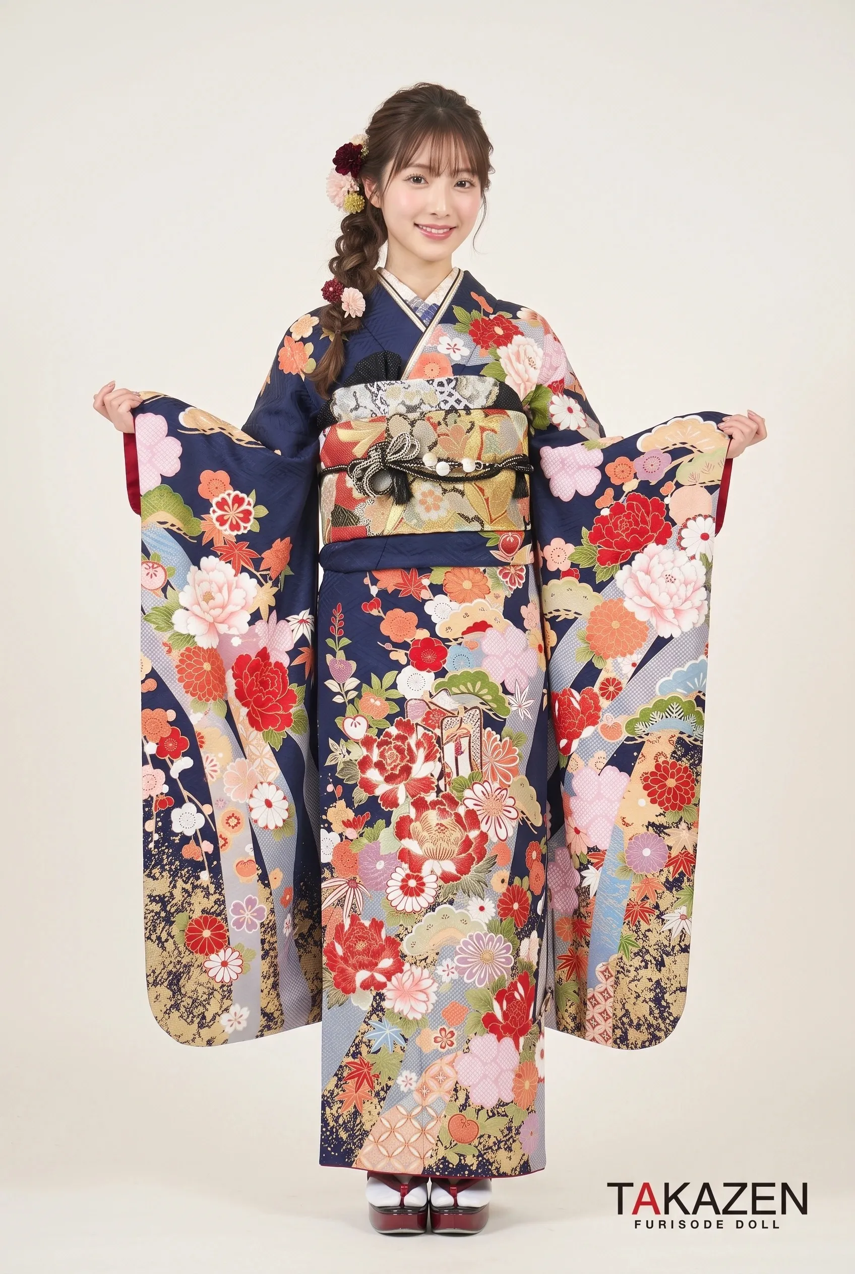 正統派古典　紺(ブルー)　　牡丹柄/柄多め　華やか古典振袖　鮮やかデザイン　夏音　G46