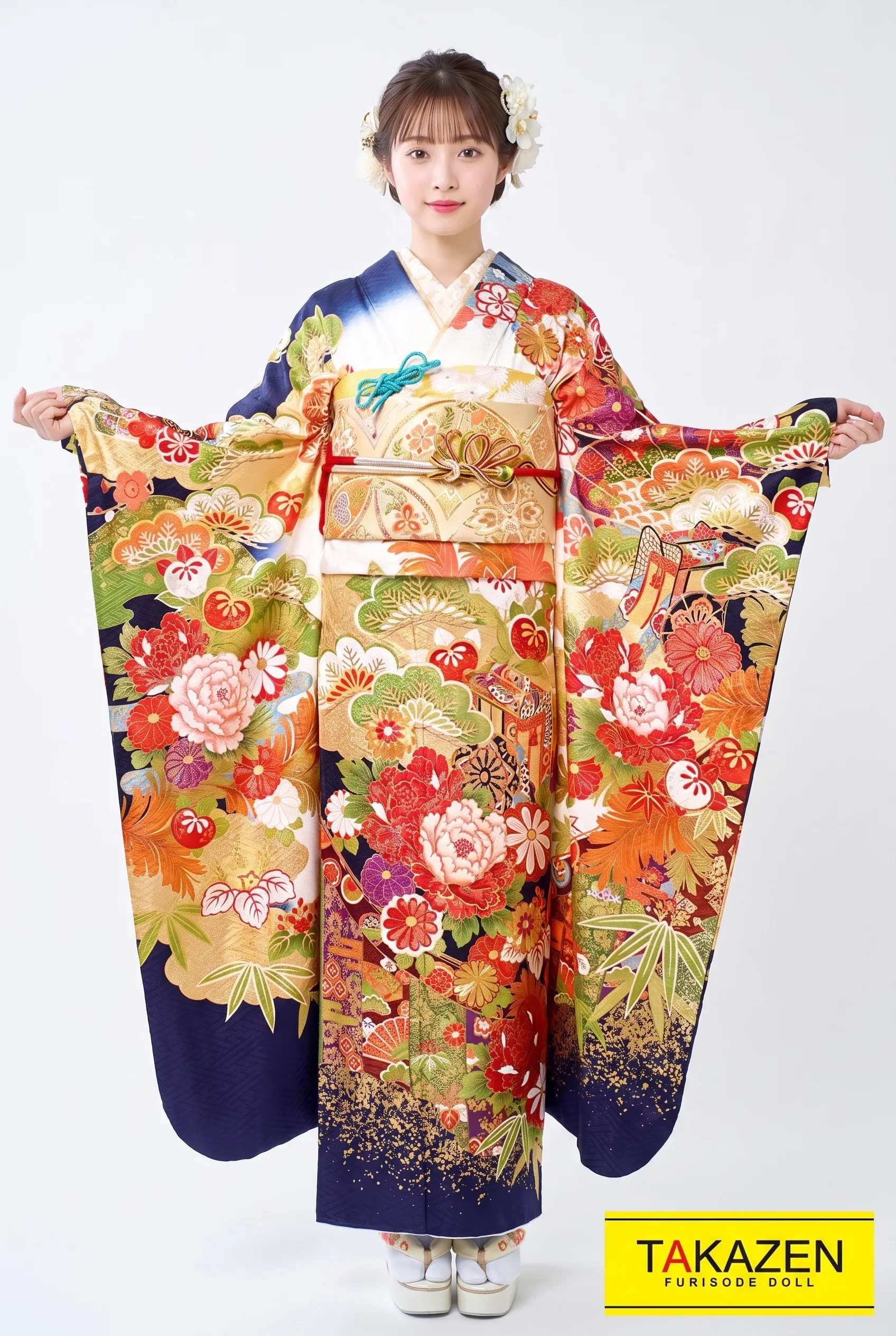 高級古典　白/青色(ブルー)　牡丹柄　豪華　桂由美デザイン振袖　上品古典振袖ネットレンタル　華やか　　22024