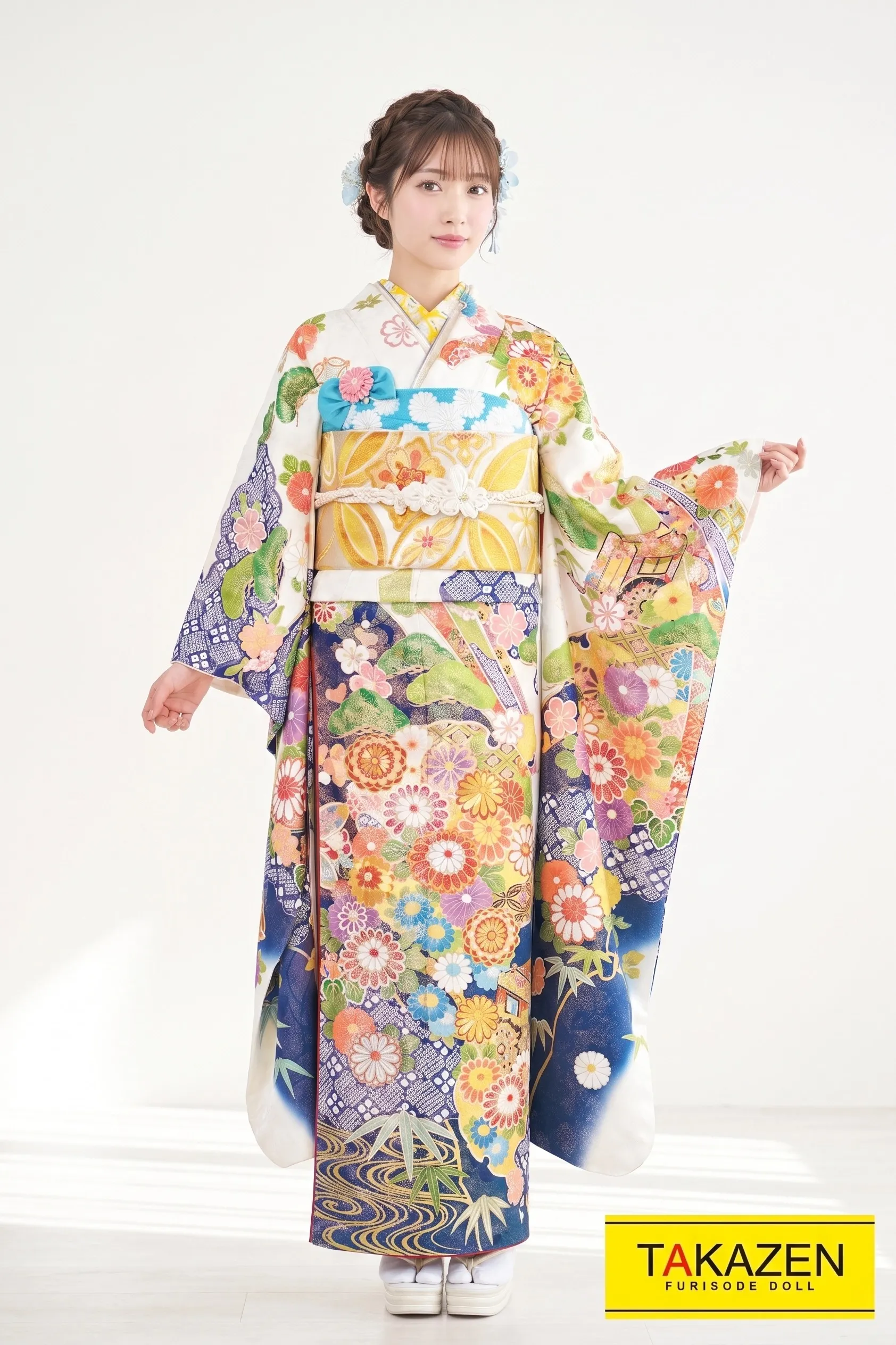 プレミアム古典　白/青(ブルー)　菊柄　最高級　豪華　金彩古典振袖ネットレンタル　桂由美プレミアム　　22026
