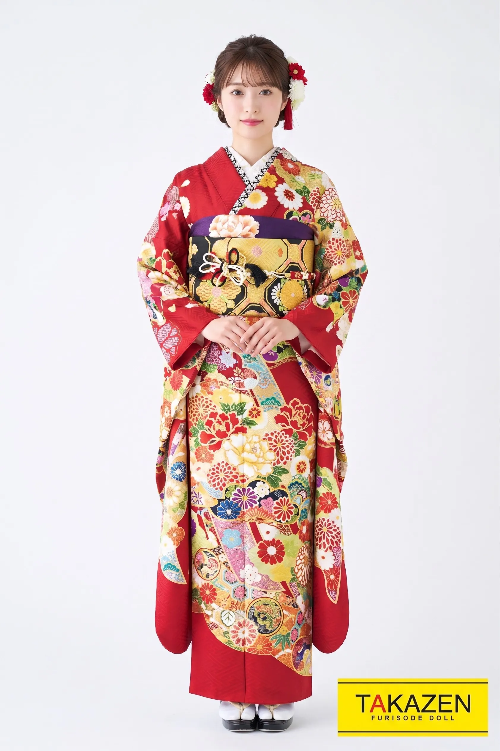 プレミアム古典　赤/ゴールド(金色)　ボタン柄　上品　豪華　正絹振袖ネットレンタル　高級金彩刺繍　　32081
