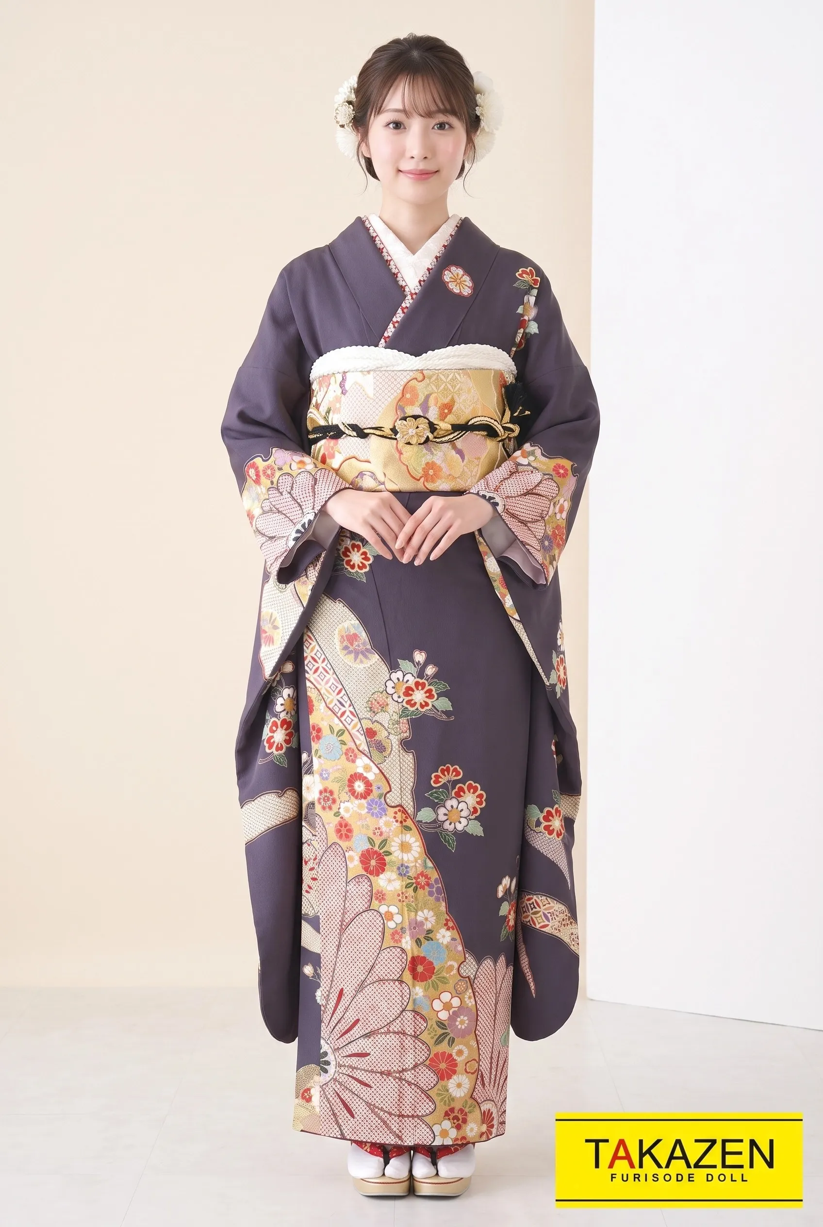 高級古典　　グレー/グレージュ　絞り/花柄　シンプル　大人っぽい古典振袖ネットレンタル　高級なちりめん生地　　G37