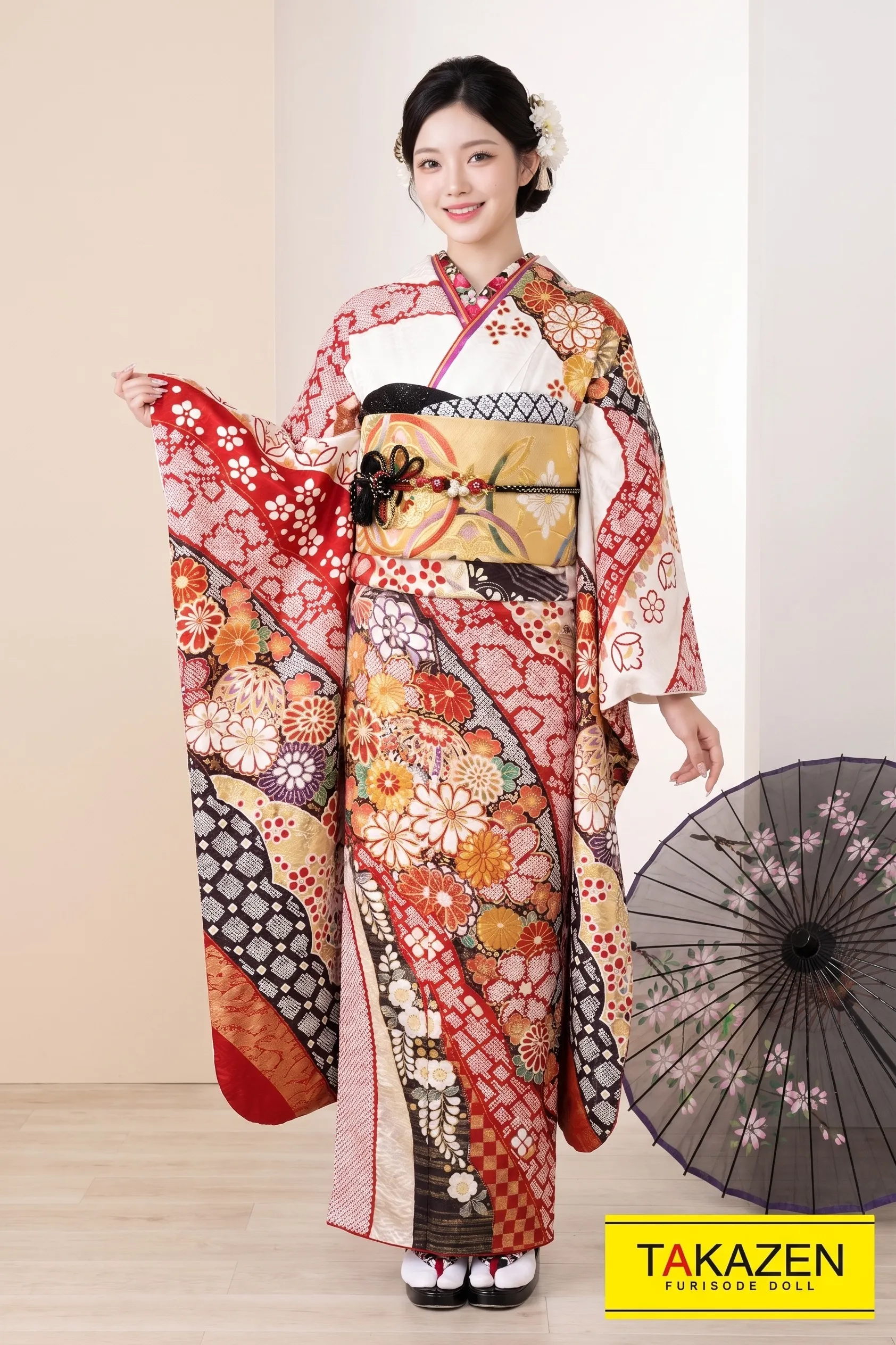 プレミアム古典　　白/赤/黒　絞り/花柄　華やか　超高級　上品古典振袖ネットレンタル　金駒刺繍　　YK0107