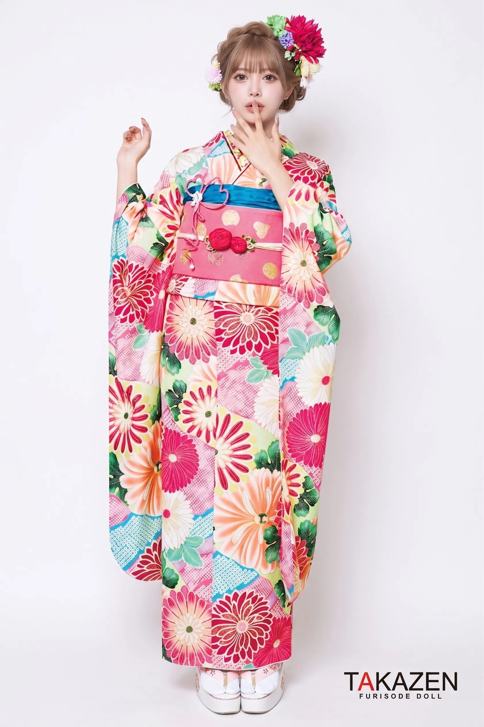 激安レトロ　ピンク/白　総柄　人気　個性的　ゆるふわ　レトロ振袖ネットレンタル　格安　かわいい　　32003