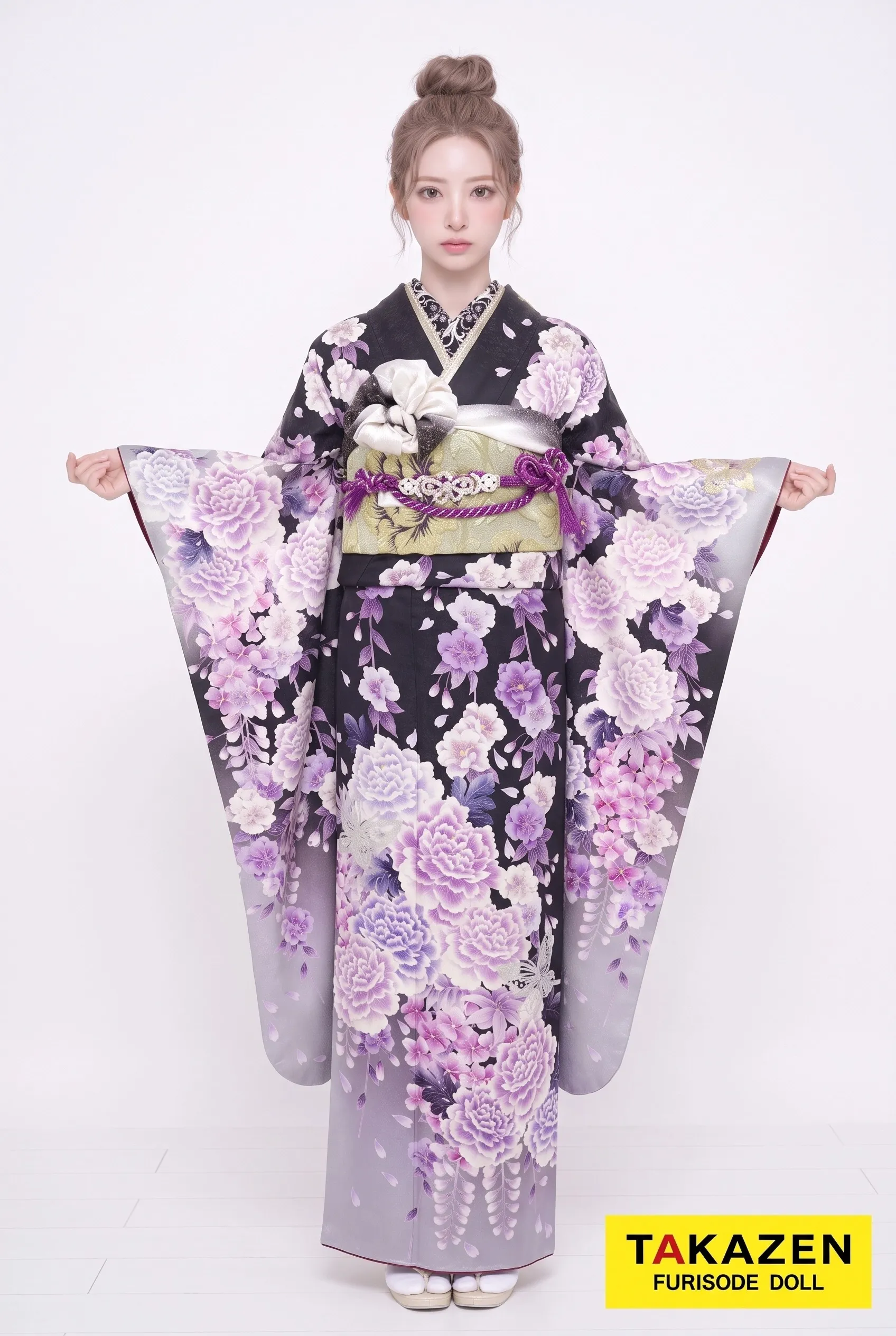 格安クール系モード　黒/紫　牡丹柄　目立つ　大人っぽい　ギャル人気　派手　かっこいい　プチプラ振袖ネットレンタル　M18