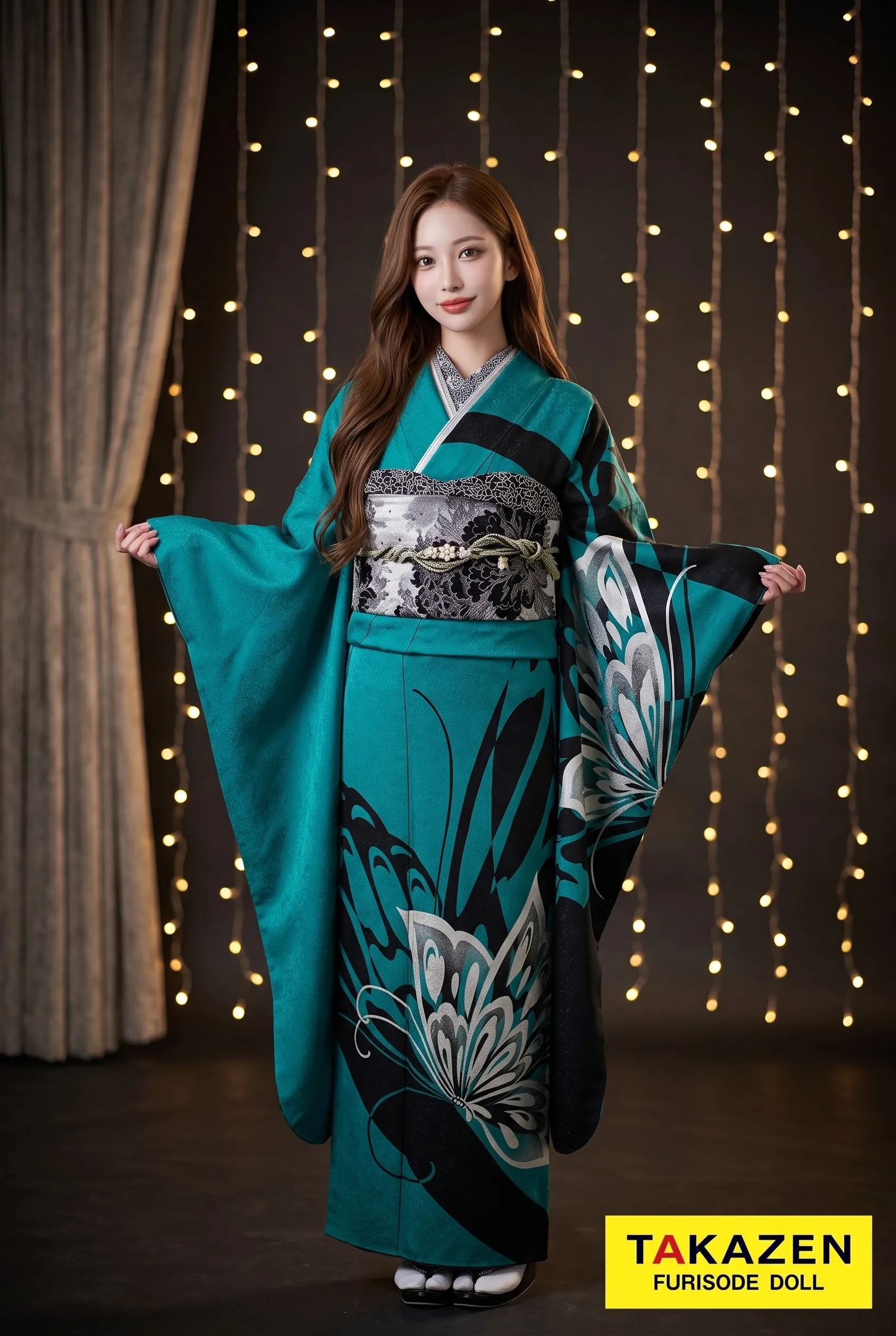 格安モード系　エメラルドグリーン/緑　蝶々柄　シンプル　かっこいい　目立つ　珍しい　ギャル　安い振袖ネットレンタル　M19