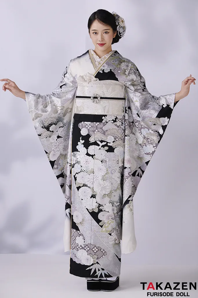 高級古典　関芳/最高級金彩刺繍友禅　黒/シルバー　レース　かっこいい　大人っぽい振袖　天翔天音　26033