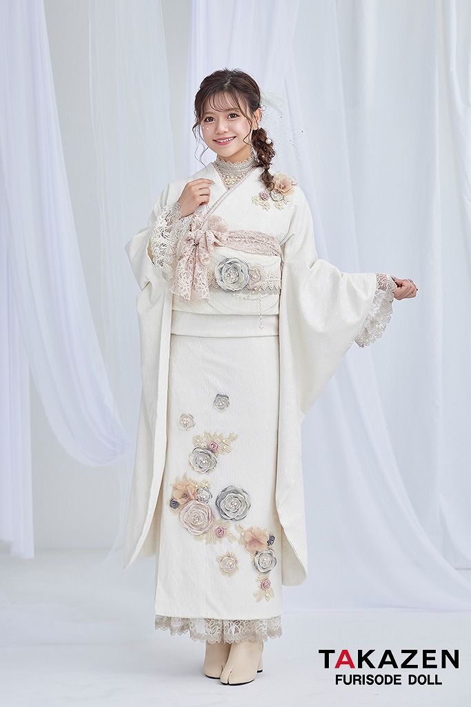ヘップバーンミニョン　白/ホワイト　立体花付き　ジャガード生地　フレンチガーリー　レースインナーコーデ　足袋ブーツ　可愛らしい振袖ネットレンタル　じゅりちゃん　G64