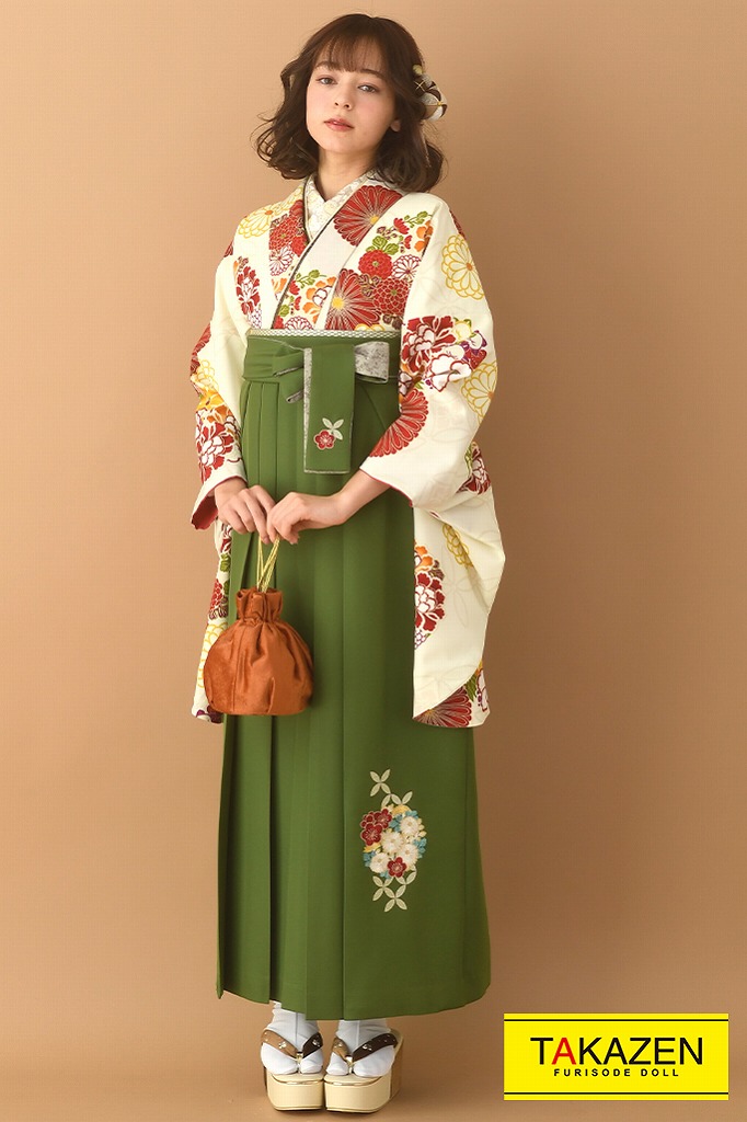 きれいめ大人っぽい古典袴ネットレンタル(ヴィンテージ系)　クリーム/オレンジ　K23011